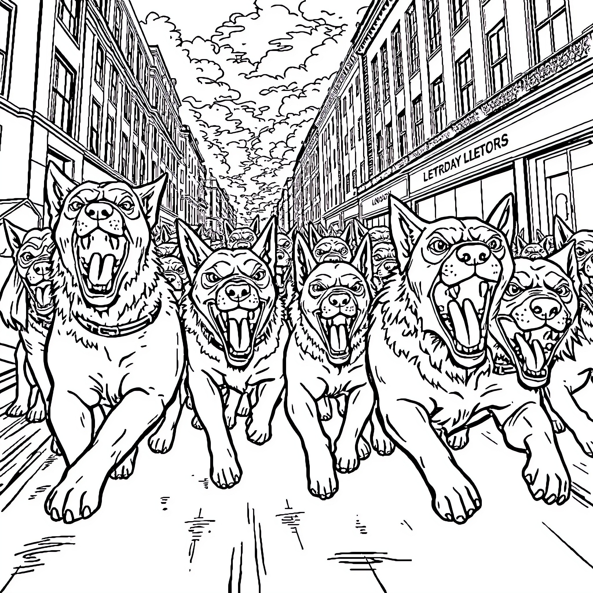 Dog pack running through the city streets Coloring Page (free black-and-white line drawing printable PDF for all, from beginners to advanced learners, including children, teens, adults, and seniors)