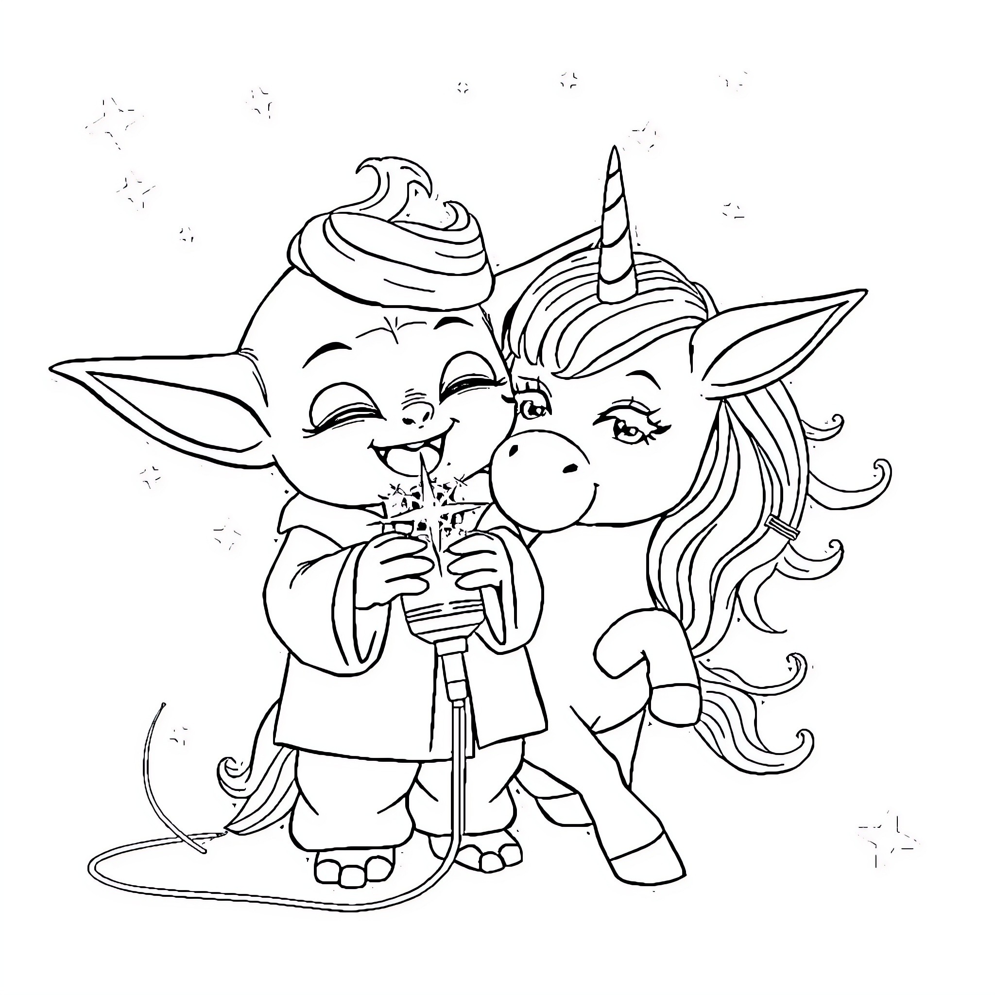 Baby Yoda and Unicorn Enjoying Popsicle Together Coloring Page (free black-and-white line drawing printable PDF for all, from beginners to advanced learners, including children, teens, adults, and seniors)