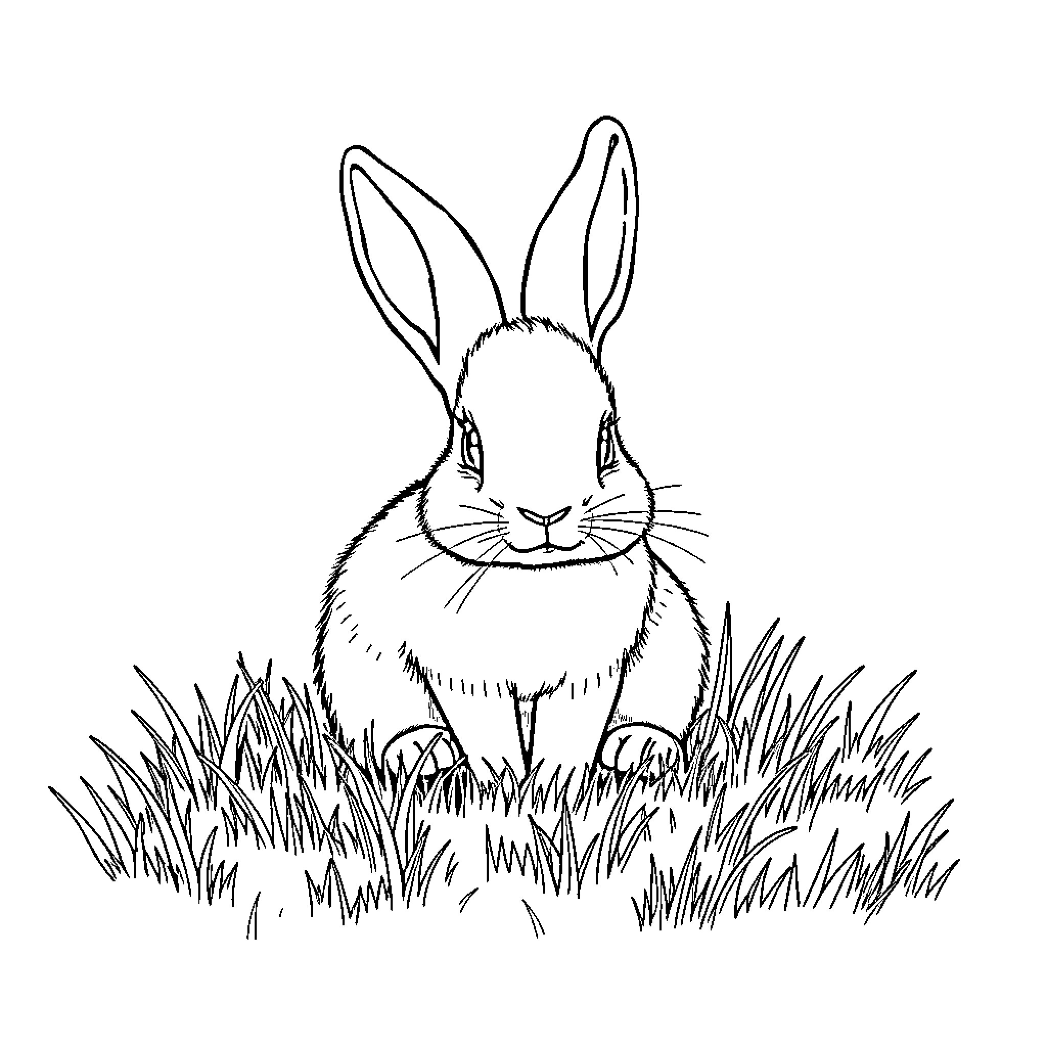 Bunny sitting in grassy meadow Coloring Page (free black-and-white line drawing printable PDF for all, from beginners to advanced learners, including children, teens, adults, and seniors)