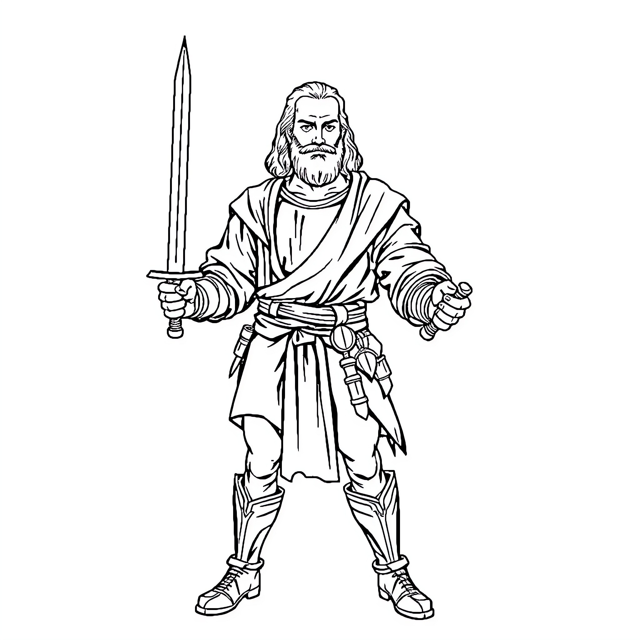 Leonardo as a Fierce Warrior with Sword Coloring Page (free black-and-white line drawing printable PDF for all, from beginners to advanced learners, including children, teens, adults, and seniors)