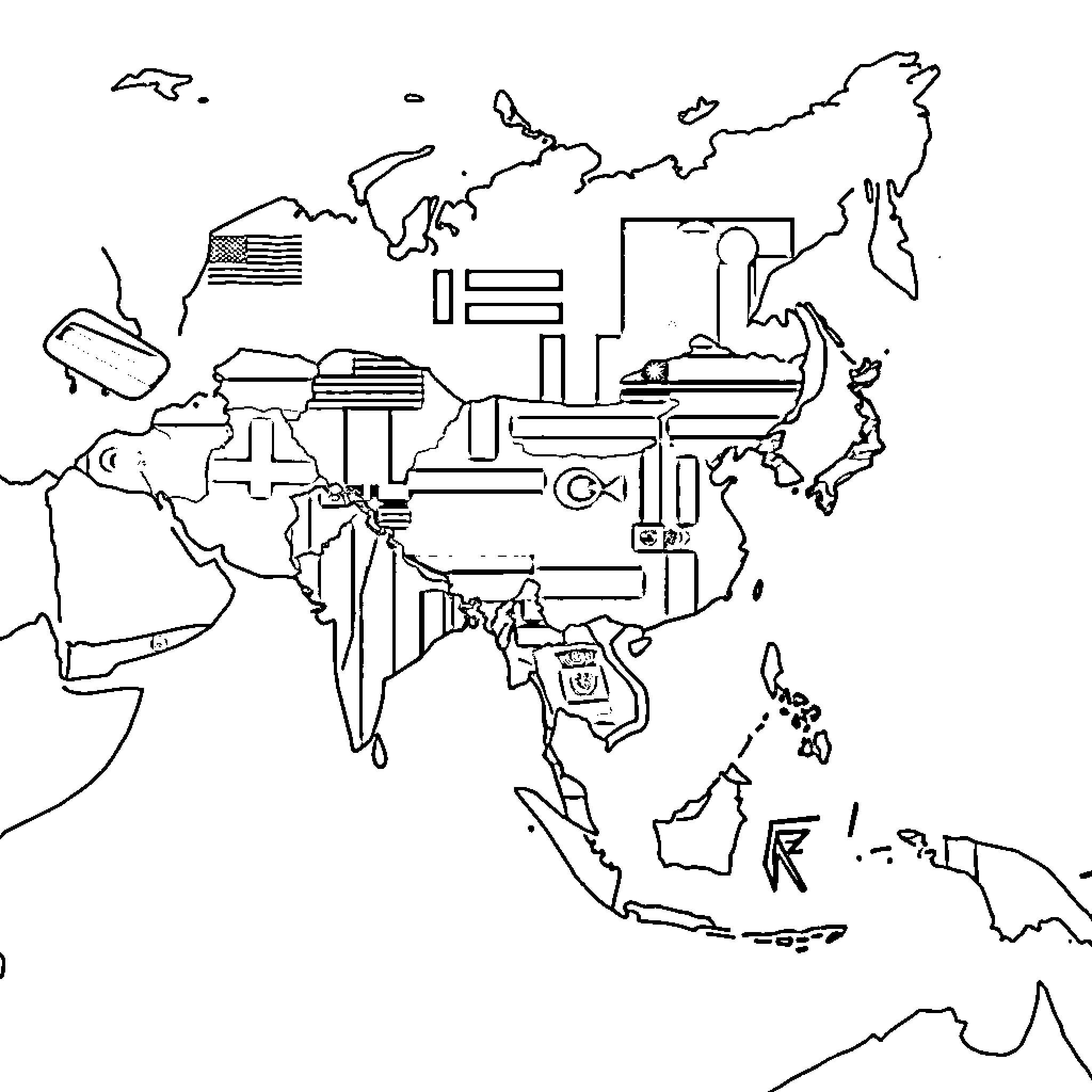 Map of abstract technological symbols across Asia Coloring Page (free black-and-white line drawing printable PDF for all, from beginners to advanced learners, including children, teens, adults, and seniors)
