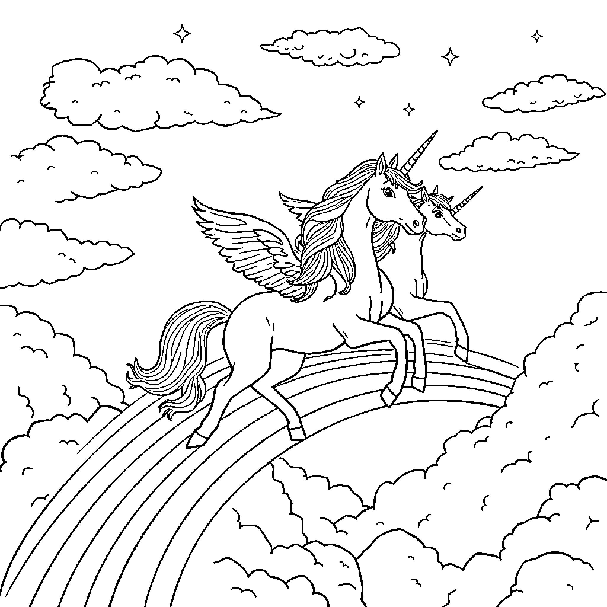 Unicorn soaring over rainbow clouds in the sky Coloring Page (free black-and-white line drawing printable PDF for all, from beginners to advanced learners, including children, teens, adults, and seniors)