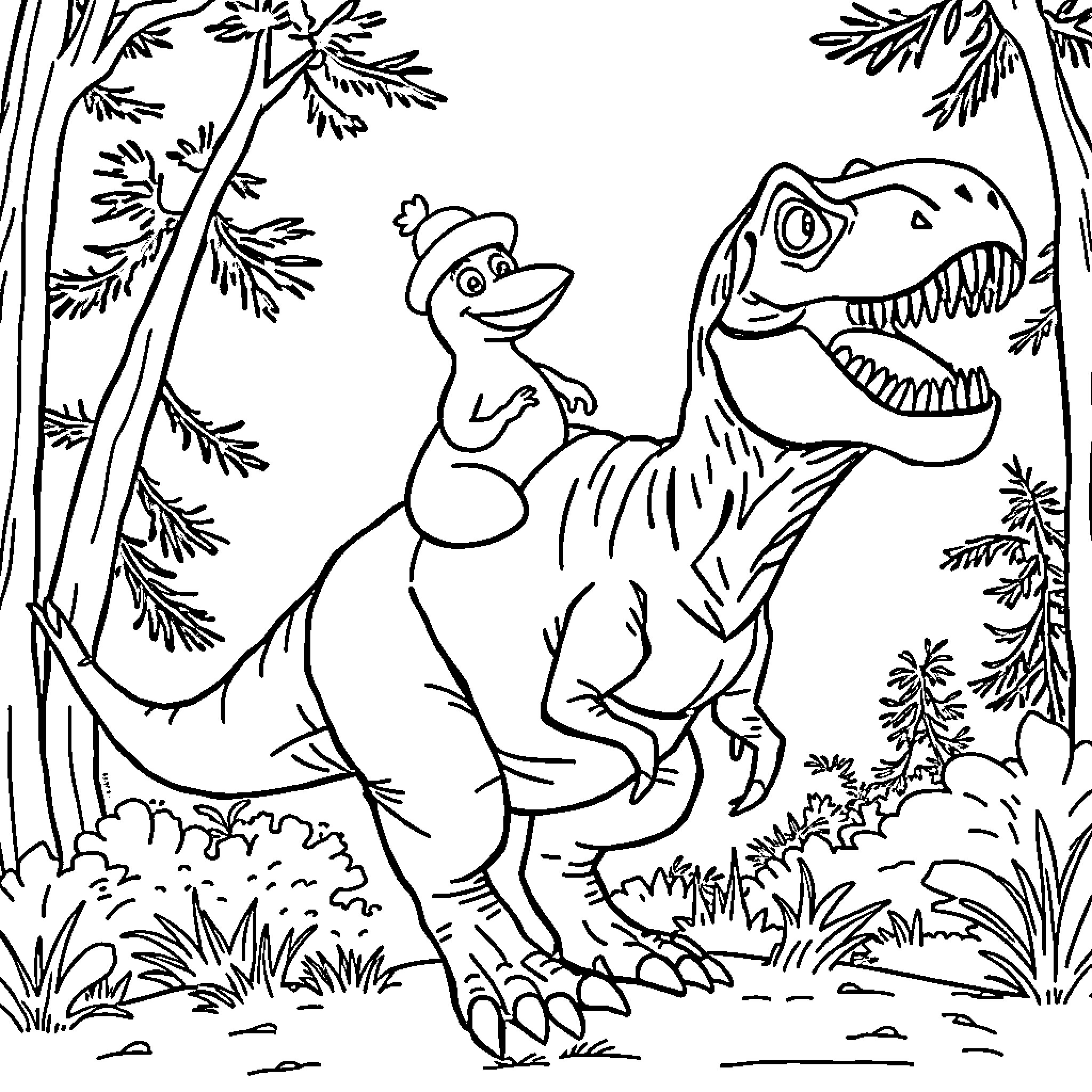 Perry the Playful Dinosaur in the Enchanted Forest Coloring Page (free black-and-white line drawing printable PDF for all, from beginners to advanced learners, including children, teens, adults, and seniors)