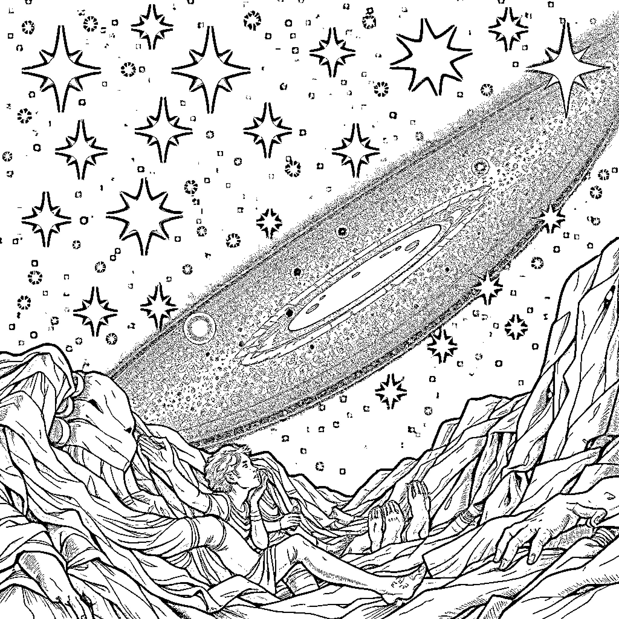 Astronomy Celestial Scenes with Shooting Stars Coloring Page (free black-and-white line drawing printable PDF for all, from beginners to advanced learners, including children, teens, adults, and seniors)