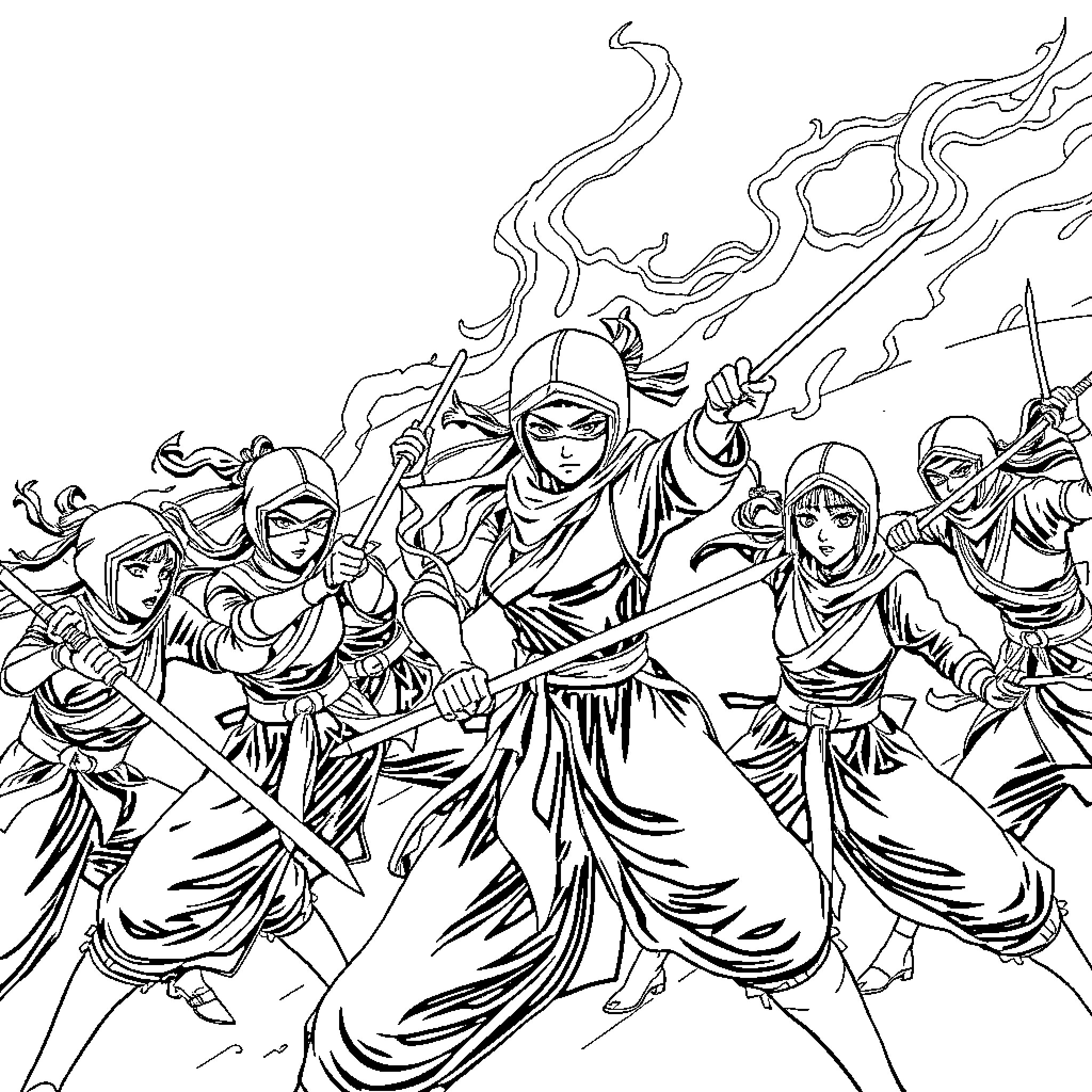 Ninja Warriors Engaged in Fierce Battle Coloring Page (free black-and-white line drawing printable PDF for all, from beginners to advanced learners, including children, teens, adults, and seniors)