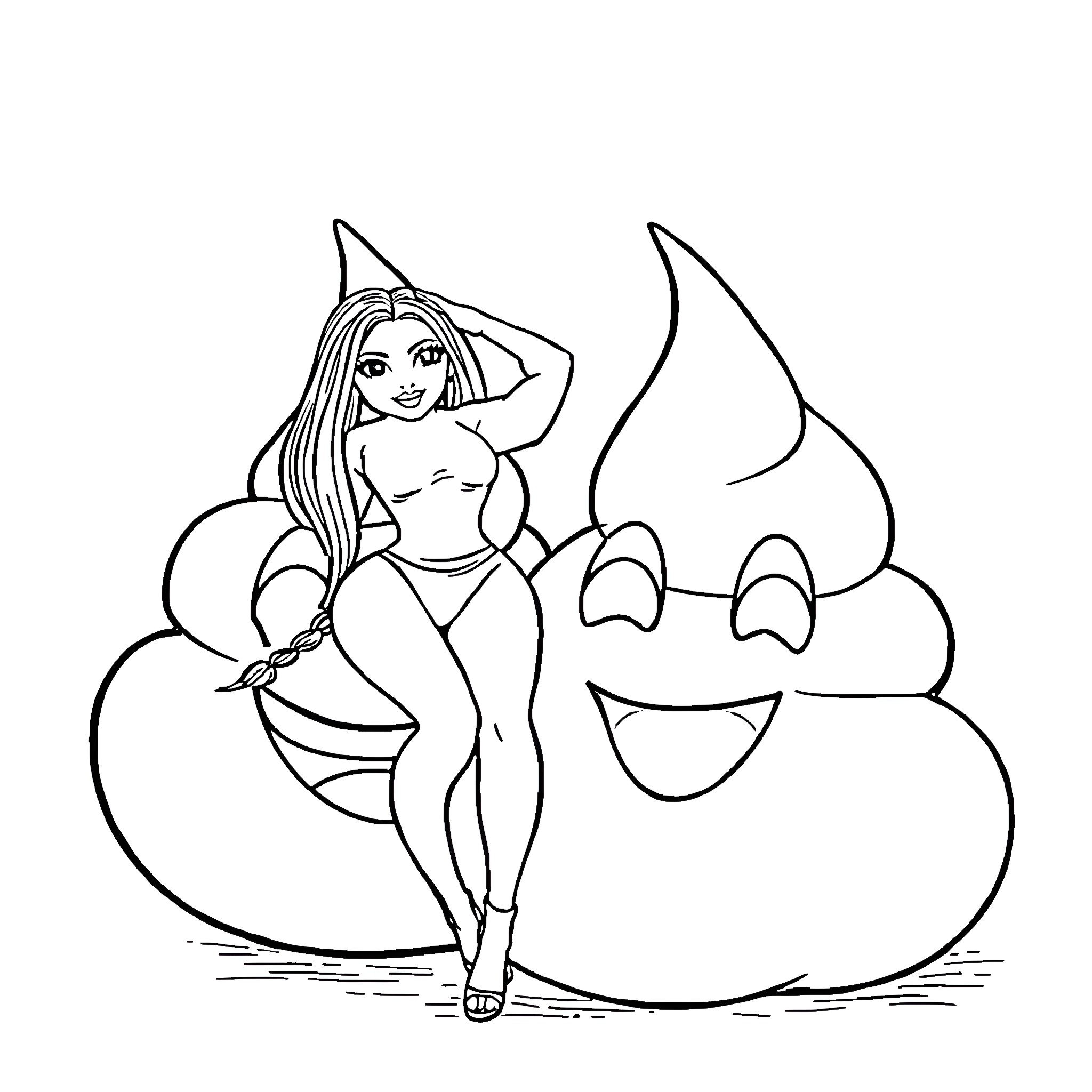 Poo Emoji woman posing with smiling shapes Coloring Page (free black-and-white line drawing printable PDF for all, from beginners to advanced learners, including children, teens, adults, and seniors)