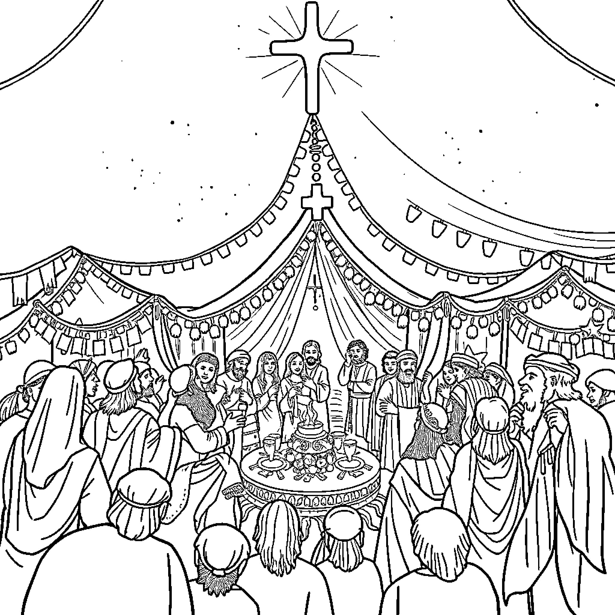 Tabernacle Celebration with Festive Decorations and Gathering Coloring Page (free black-and-white line drawing printable PDF for all, from beginners to advanced learners, including children, teens, adults, and seniors)