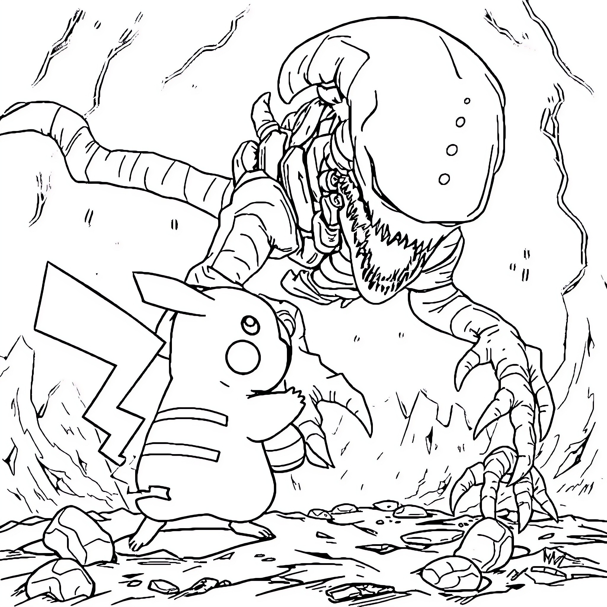 Pikachu confronted by a menacing creature Coloring Page (free black-and-white line drawing printable PDF for all, from beginners to advanced learners, including children, teens, adults, and seniors)