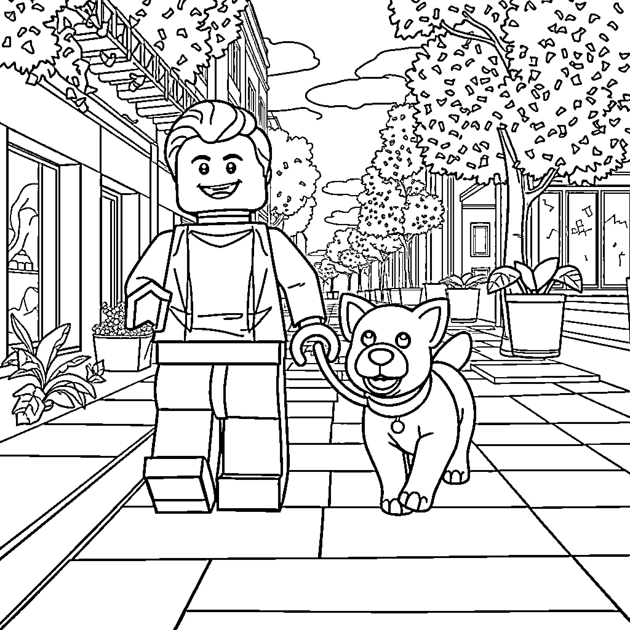 Lego Man and His Canine Companion Exploring the City Coloring Page (free black-and-white line drawing printable PDF for all, from beginners to advanced learners, including children, teens, adults, and seniors)