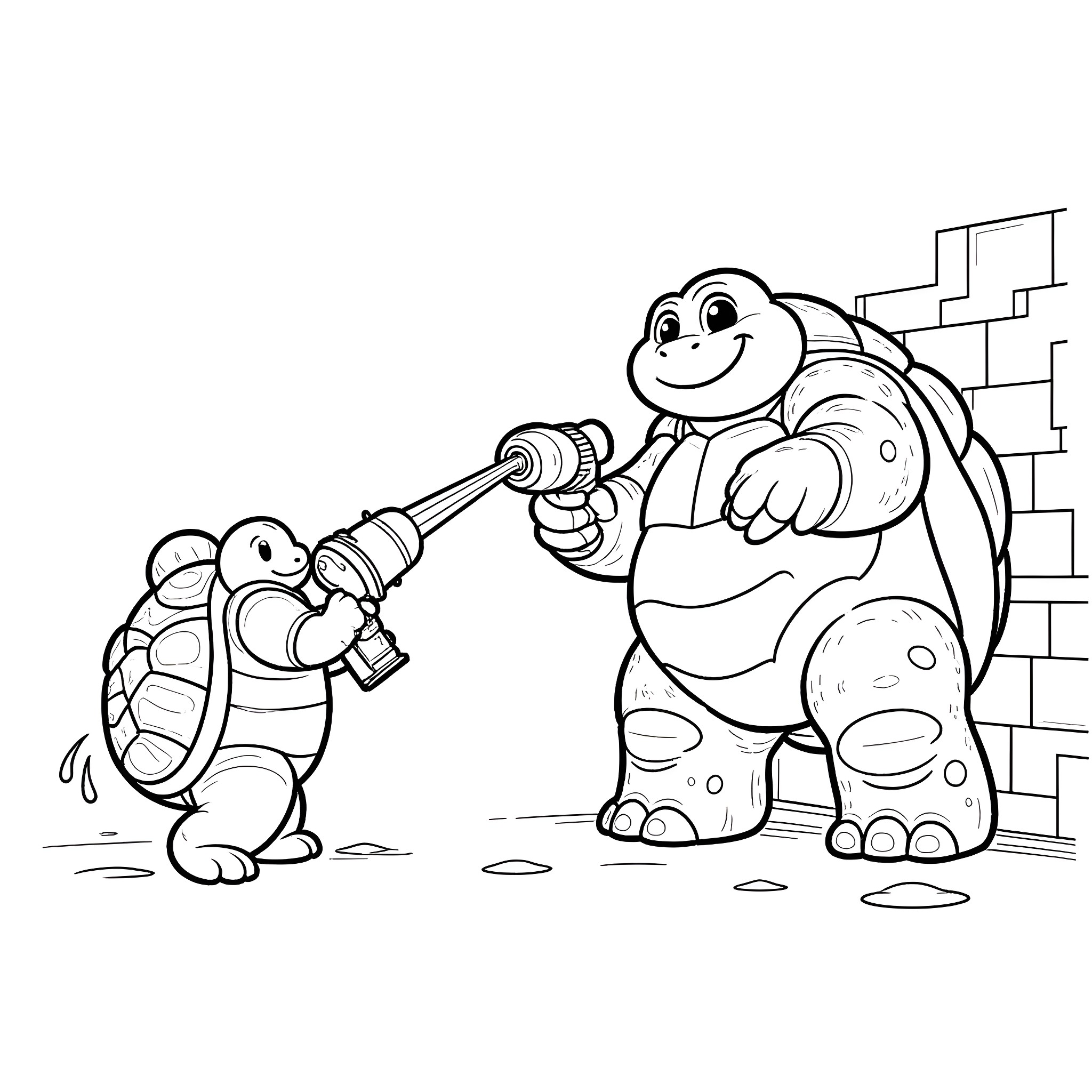 Blastoise using Water Gun on a Squirtle Coloring Page (free black-and-white line drawing printable PDF for all, from beginners to advanced learners, including children, teens, adults, and seniors)
