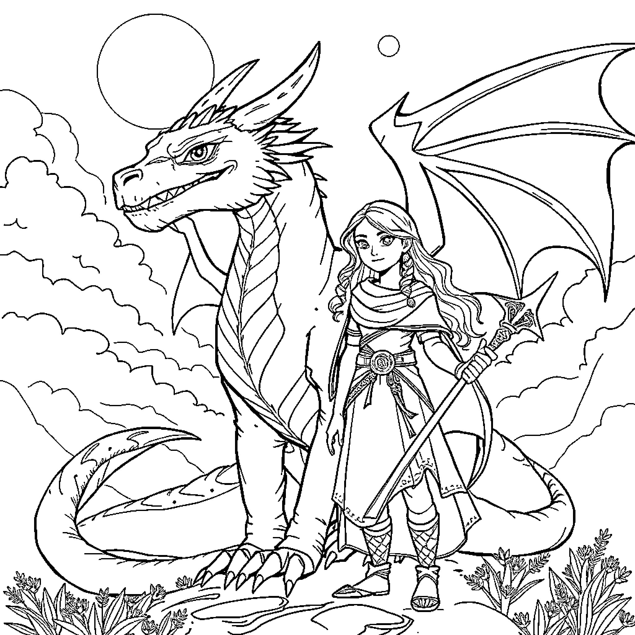 Tairn Andarna and the Fearsome Dragon Coloring Page (free black-and-white line drawing printable PDF for all, from beginners to advanced learners, including children, teens, adults, and seniors)