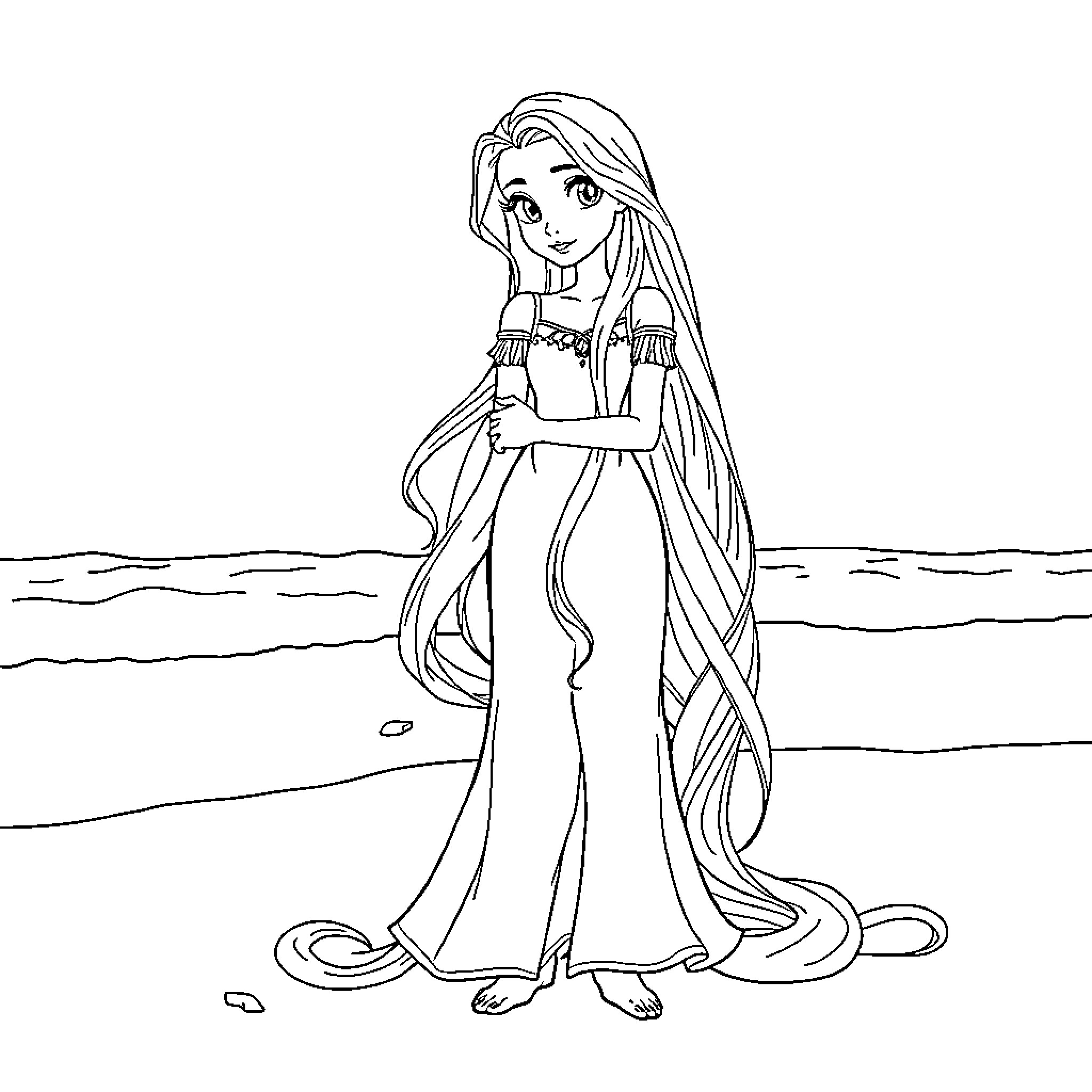 Rapunzel enjoying a peaceful moment by the sea Coloring Page (free black-and-white line drawing printable PDF for all, from beginners to advanced learners, including children, teens, adults, and seniors)
