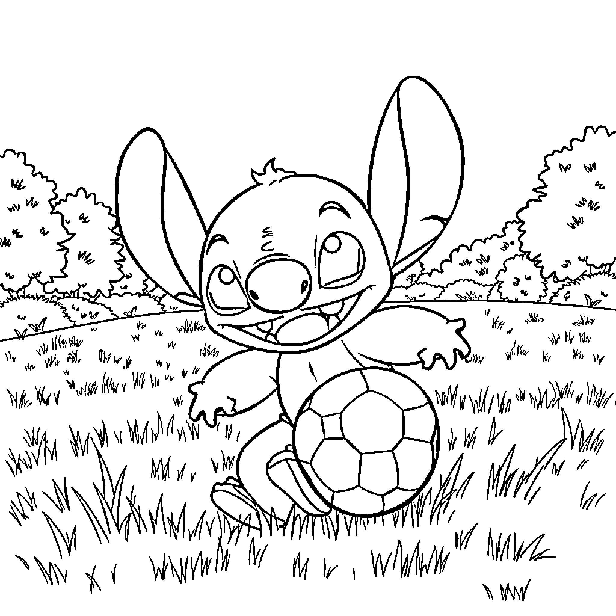 Stitch playing with a soccer ball in the park Coloring Page (free black-and-white line drawing printable PDF for all, from beginners to advanced learners, including children, teens, adults, and seniors)