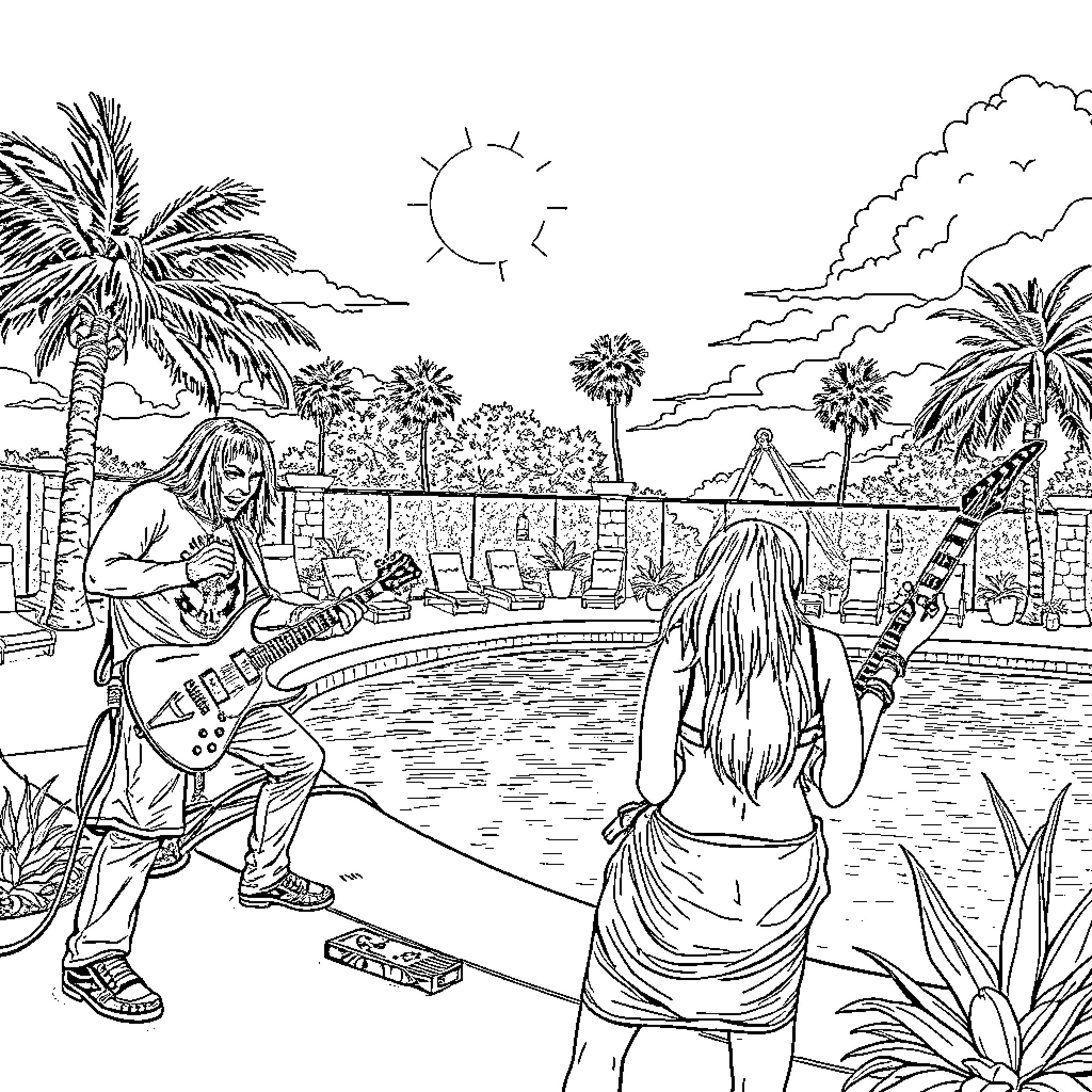 Avenged Sevenfold performing live on stage Coloring Page (free black-and-white line drawing printable PDF for all, from beginners to advanced learners, including children, teens, adults, and seniors)
