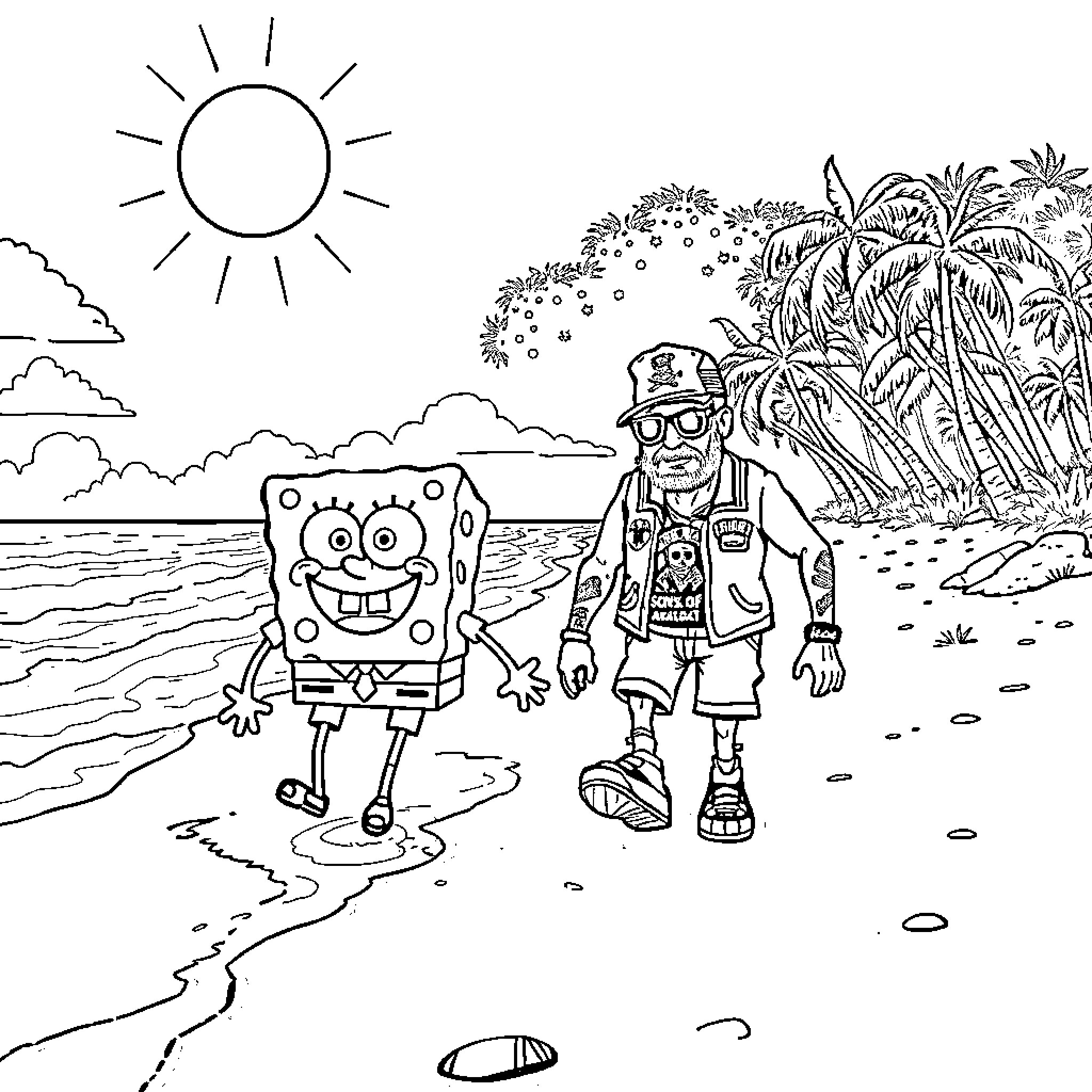 Spongebob and his friend explore the tropical beach Coloring Page (free black-and-white line drawing printable PDF for all, from beginners to advanced learners, including children, teens, adults, and seniors)