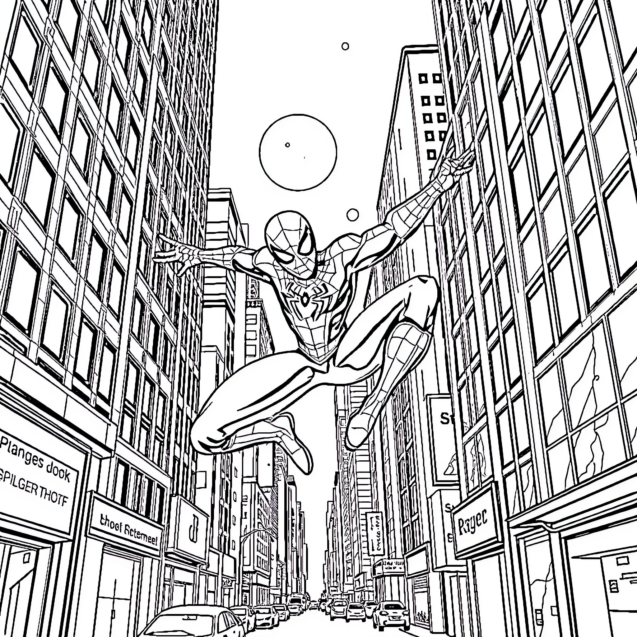 Spiderman swinging through the city skyline Coloring Page (free black-and-white line drawing printable PDF for all, from beginners to advanced learners, including children, teens, adults, and seniors)