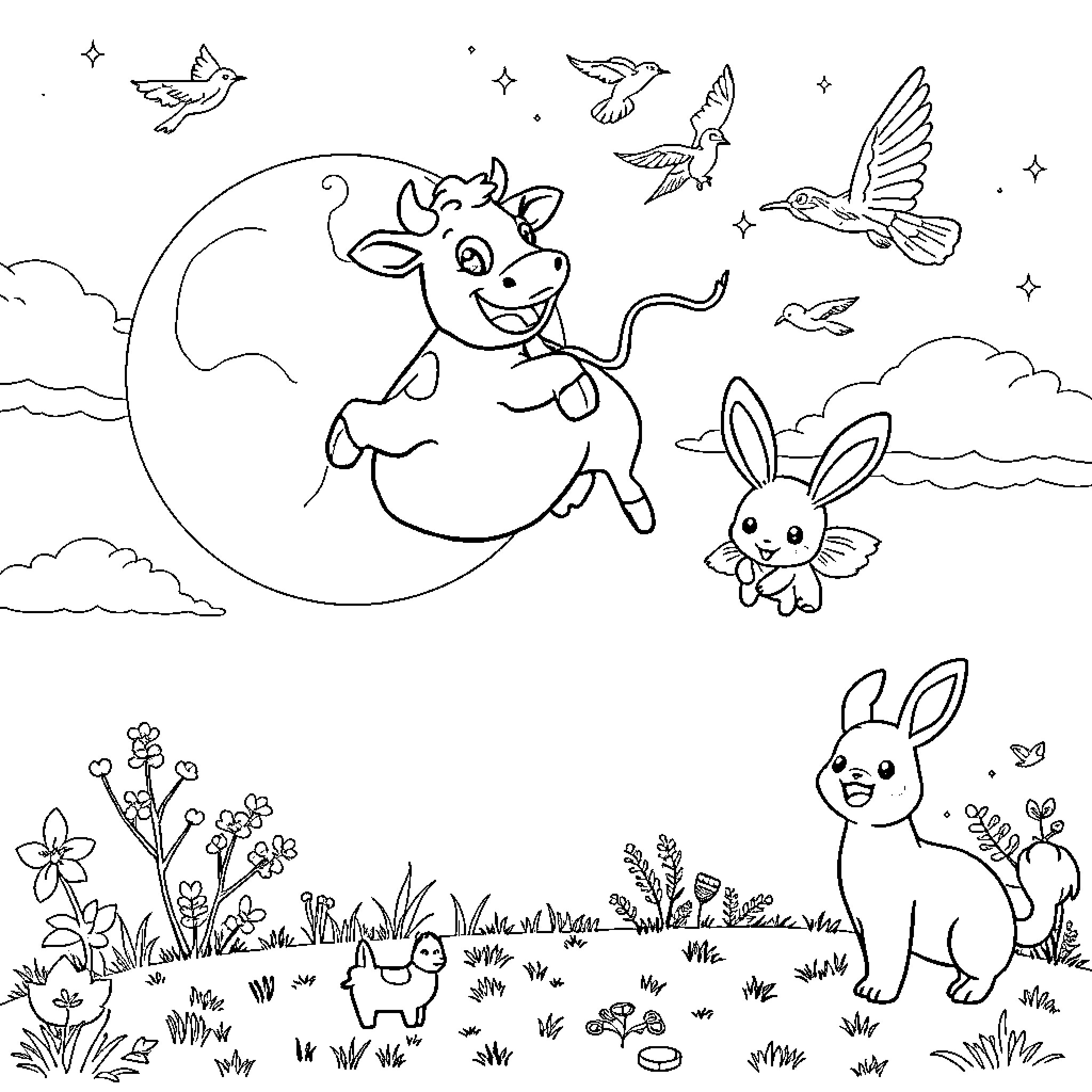 Cow and Rabbits in Peaceful Meadow Coloring Page (free black-and-white line drawing printable PDF for all, from beginners to advanced learners, including children, teens, adults, and seniors)