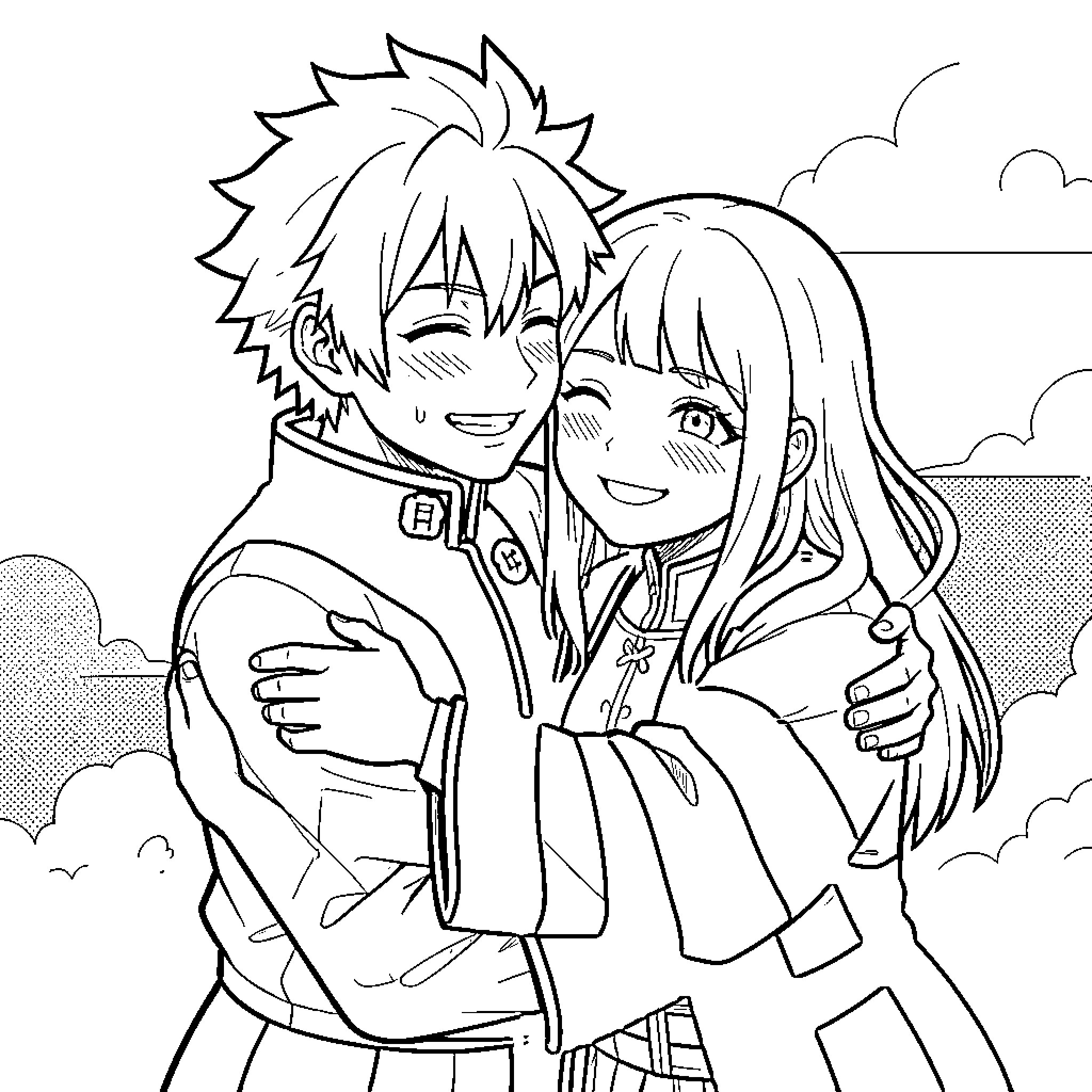 Tanjiro hugging a smiling girl happily Coloring Page (free black-and-white line drawing printable PDF for all, from beginners to advanced learners, including children, teens, adults, and seniors)