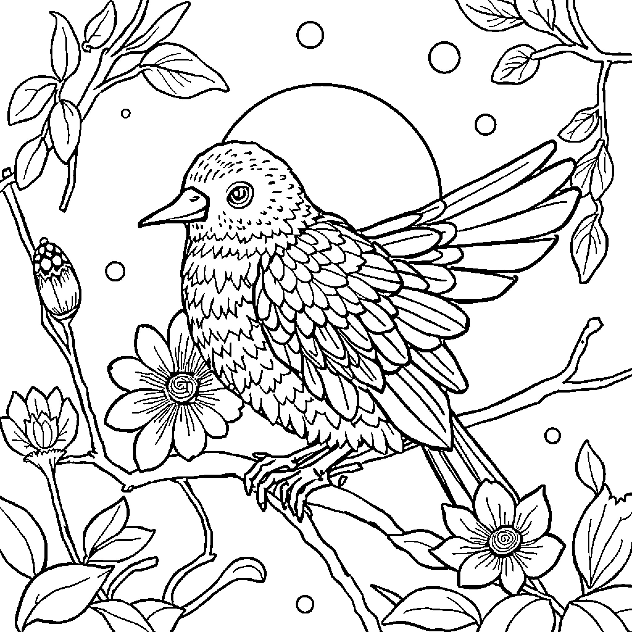 Three Little Pigs: Bird Amidst Floral Foliage Coloring Page (free black-and-white line drawing printable PDF for all, from beginners to advanced learners, including children, teens, adults, and seniors)