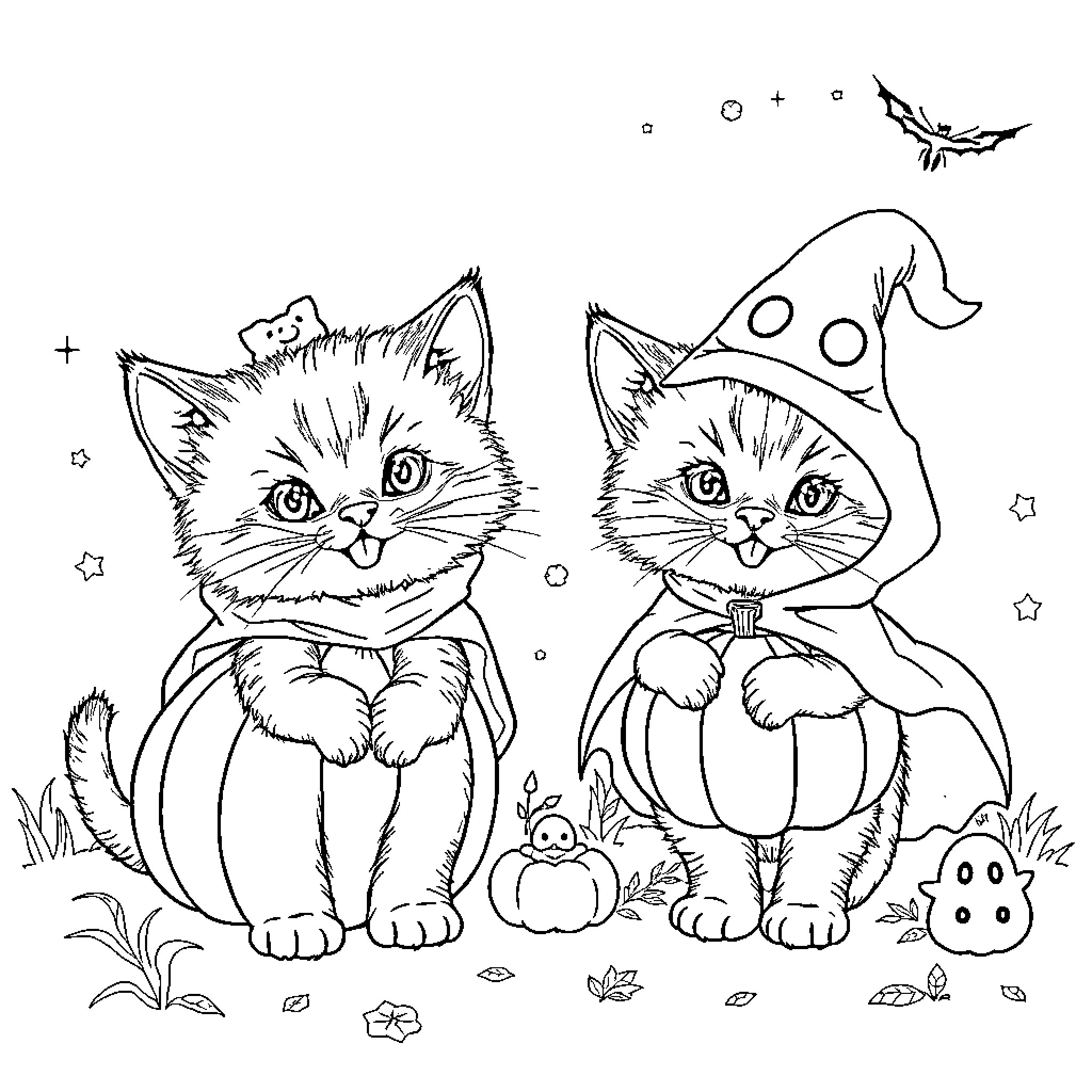Kittens dressed up for Halloween Coloring Page (free black-and-white line drawing printable PDF for all, from beginners to advanced learners, including children, teens, adults, and seniors)