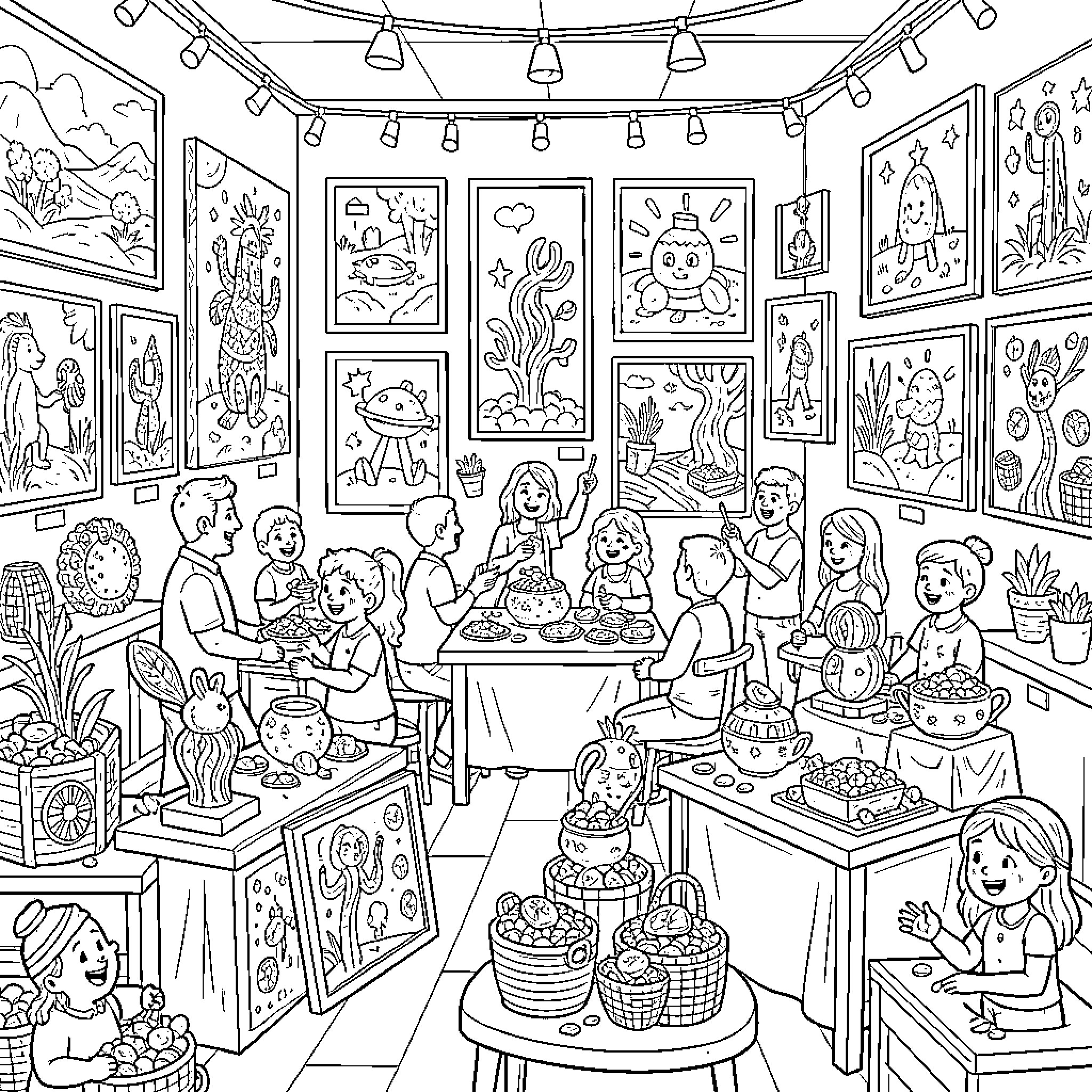 Treasure hunt in an art gallery full of whimsical illustrations Coloring Page (free black-and-white line drawing printable PDF for all, from beginners to advanced learners, including children, teens, adults, and seniors)
