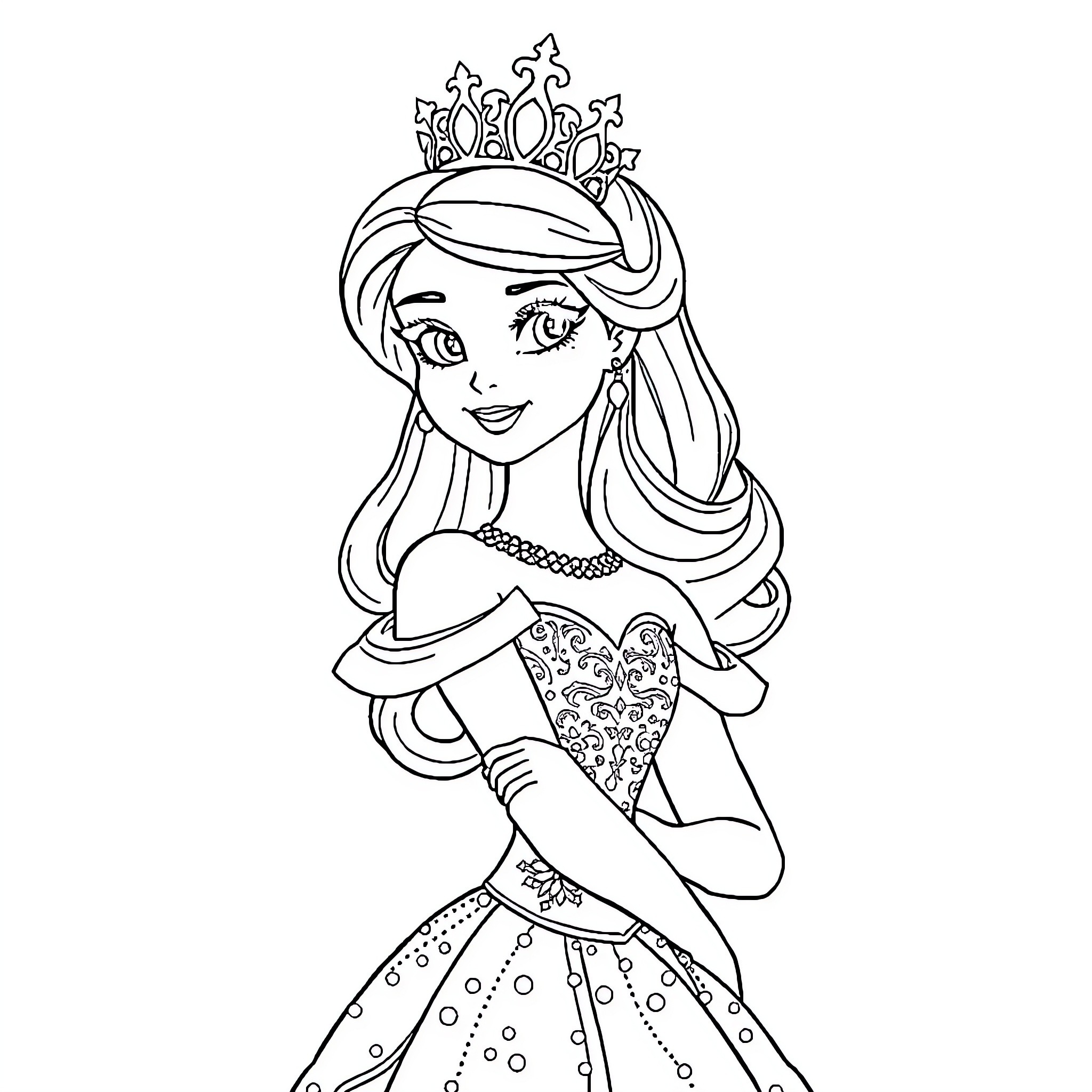 Princess in Elegant Dress and Crown Coloring Page (free black-and-white line drawing printable PDF for all, from beginners to advanced learners, including children, teens, adults, and seniors)