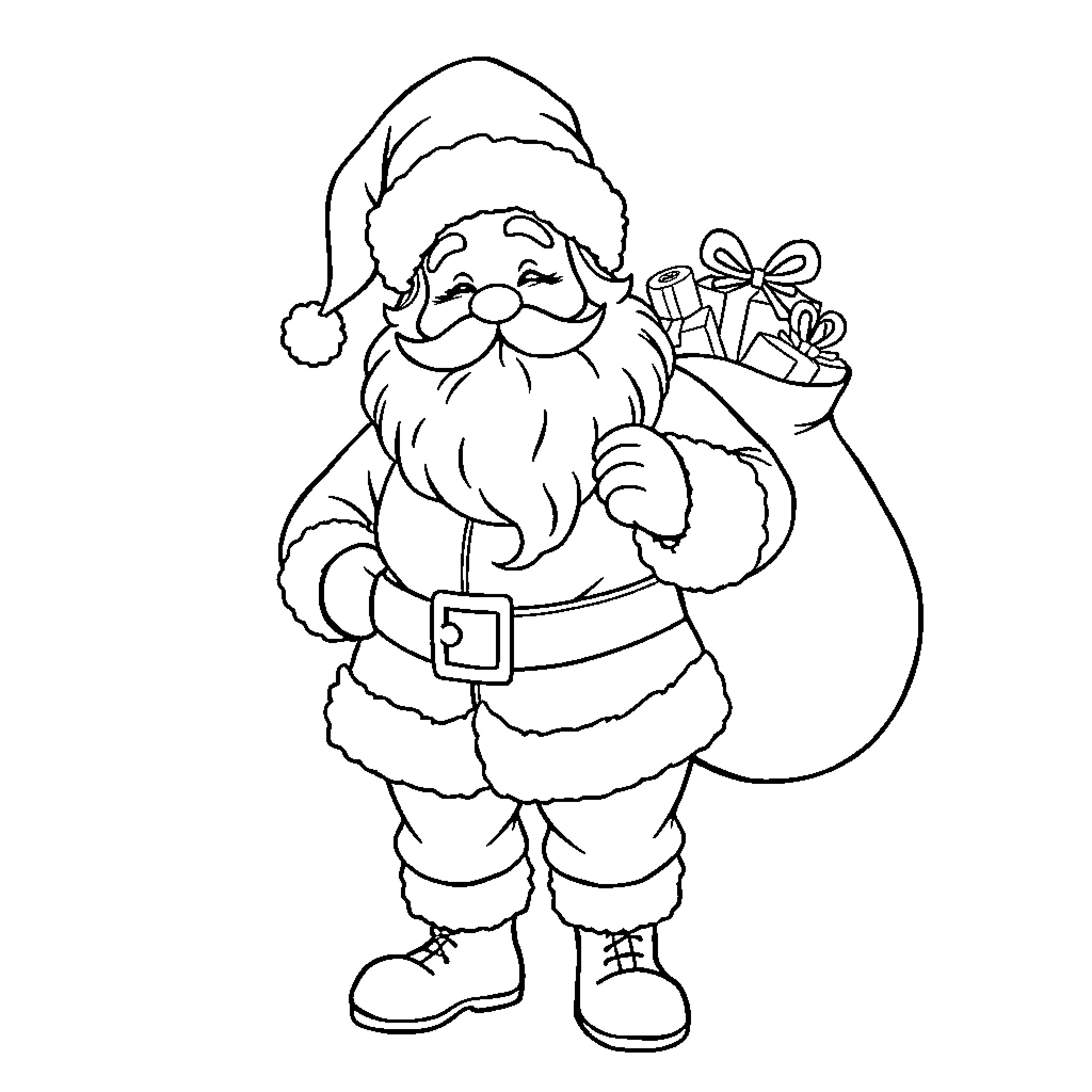 Santa Claus carrying gifts with happy expression Coloring Page (free black-and-white line drawing printable PDF for all, from beginners to advanced learners, including children, teens, adults, and seniors)