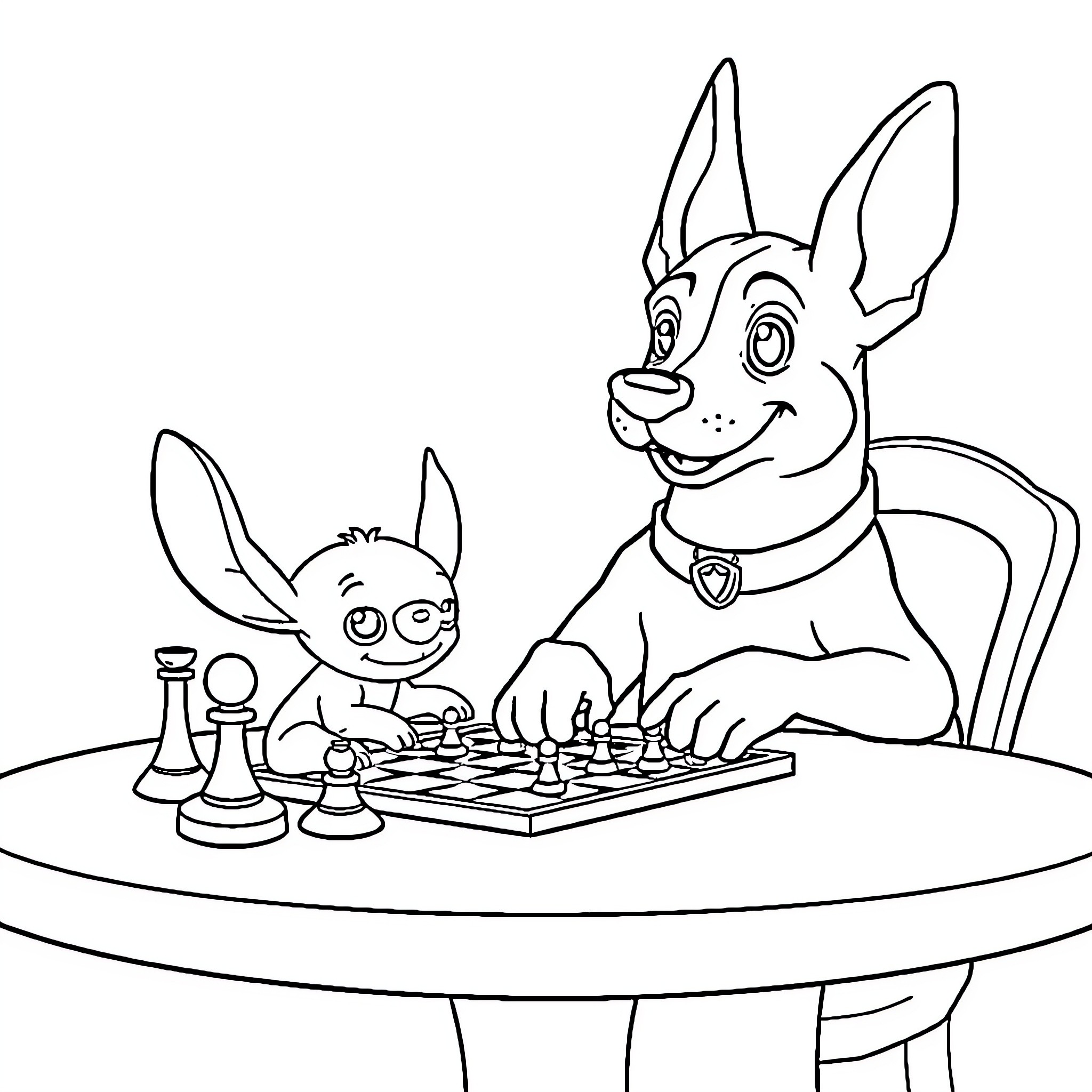 Dogs Playing Chess Together Coloring Page (free black-and-white line drawing printable PDF for all, from beginners to advanced learners, including children, teens, adults, and seniors)