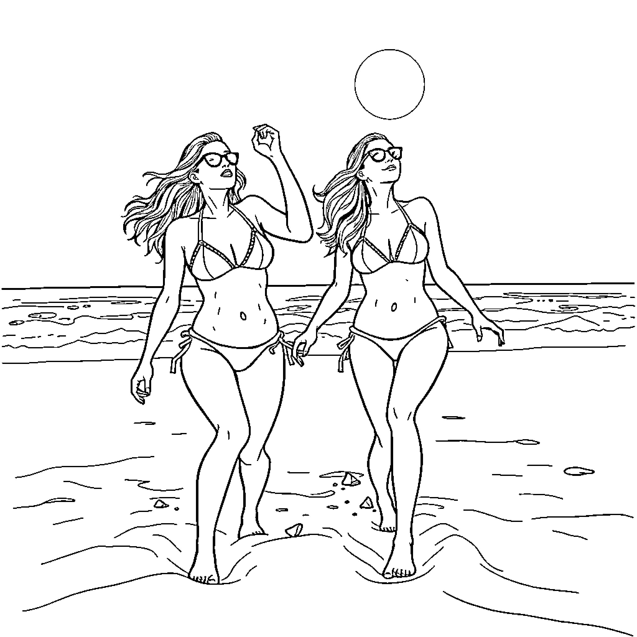 Women enjoying beach activities Coloring Page (free black-and-white line drawing printable PDF for all, from beginners to advanced learners, including children, teens, adults, and seniors)