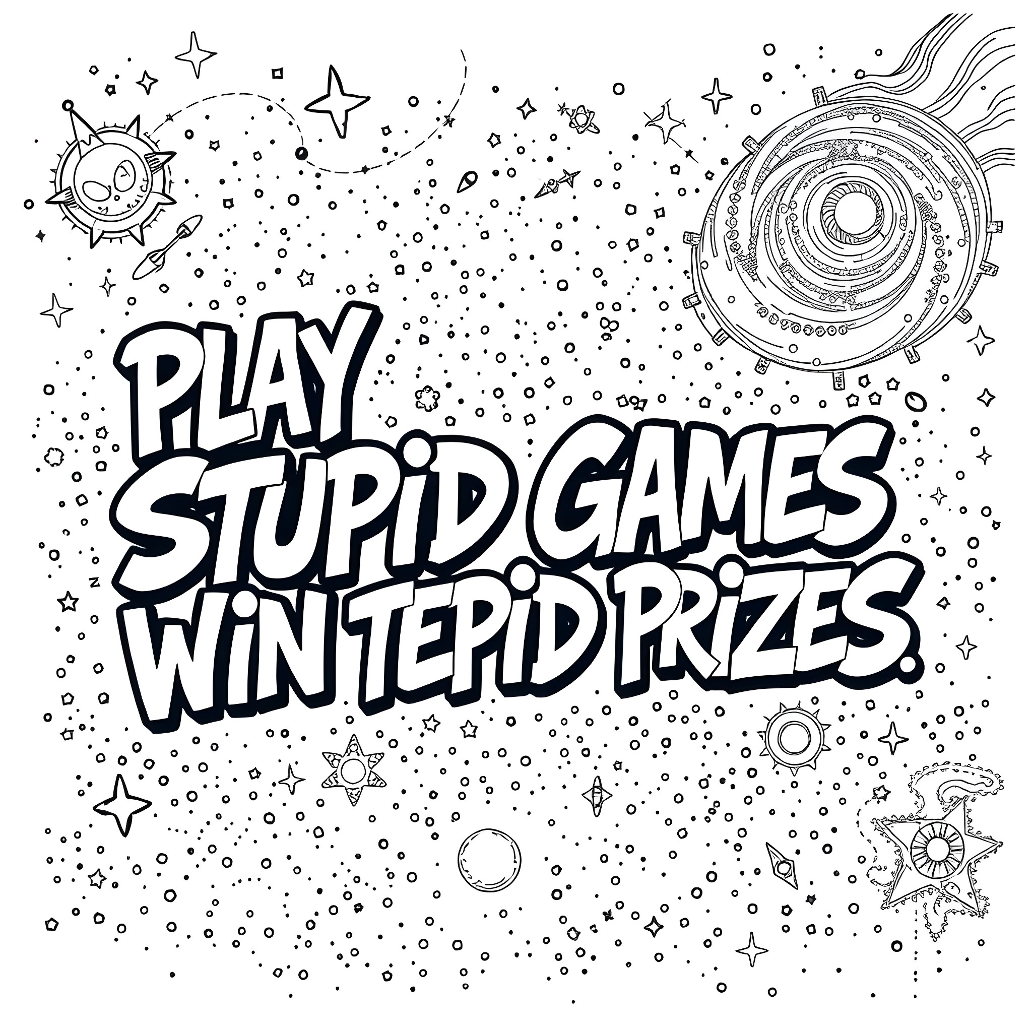 Graffiti with playful and fantastical space-themed elements Coloring Page (free black-and-white line drawing printable PDF for all, from beginners to advanced learners, including children, teens, adults, and seniors)