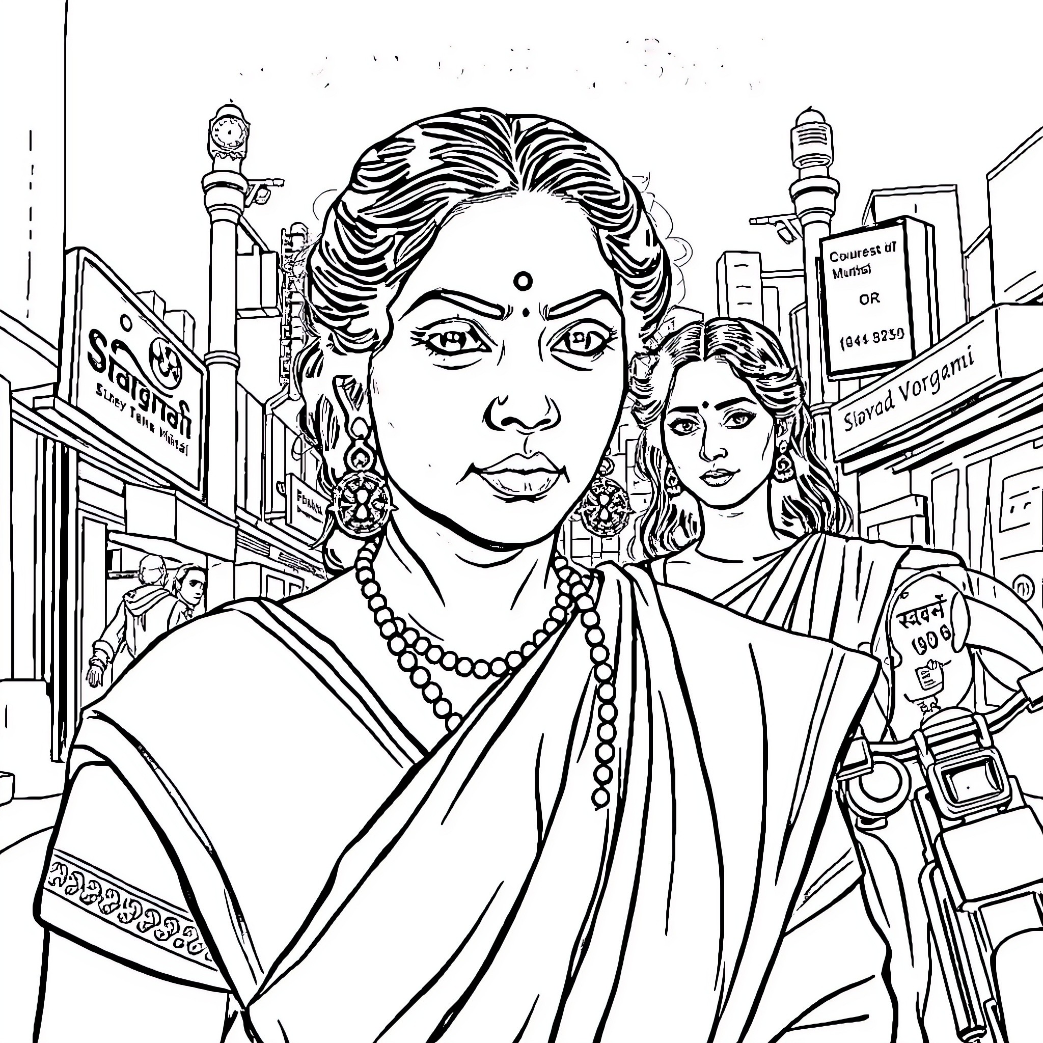 Gangubai in the vibrant city streets Coloring Page (free black-and-white line drawing printable PDF for all, from beginners to advanced learners, including children, teens, adults, and seniors)