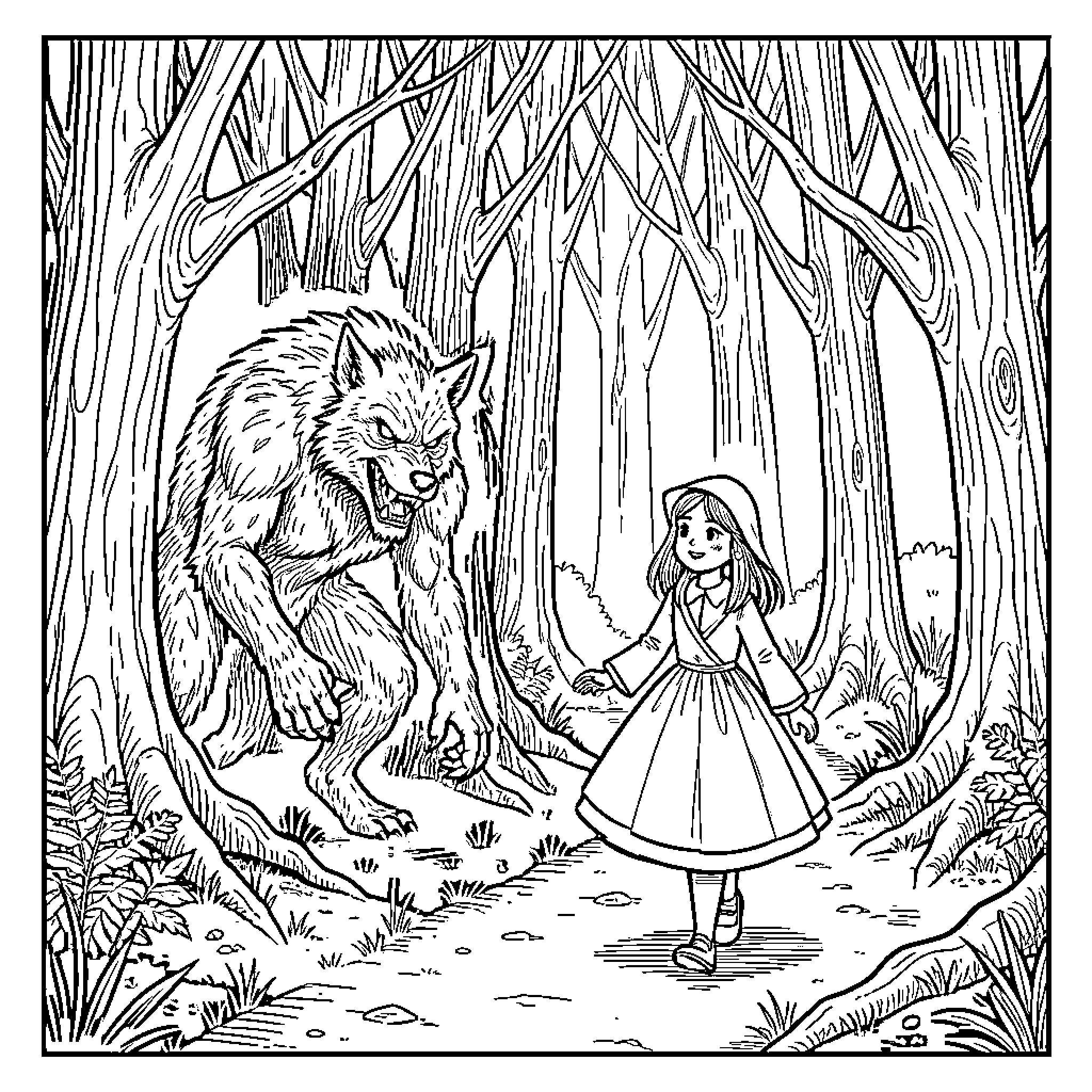 Werewolf approaching a young girl in the forest Coloring Page (free black-and-white line drawing printable PDF for all, from beginners to advanced learners, including children, teens, adults, and seniors)