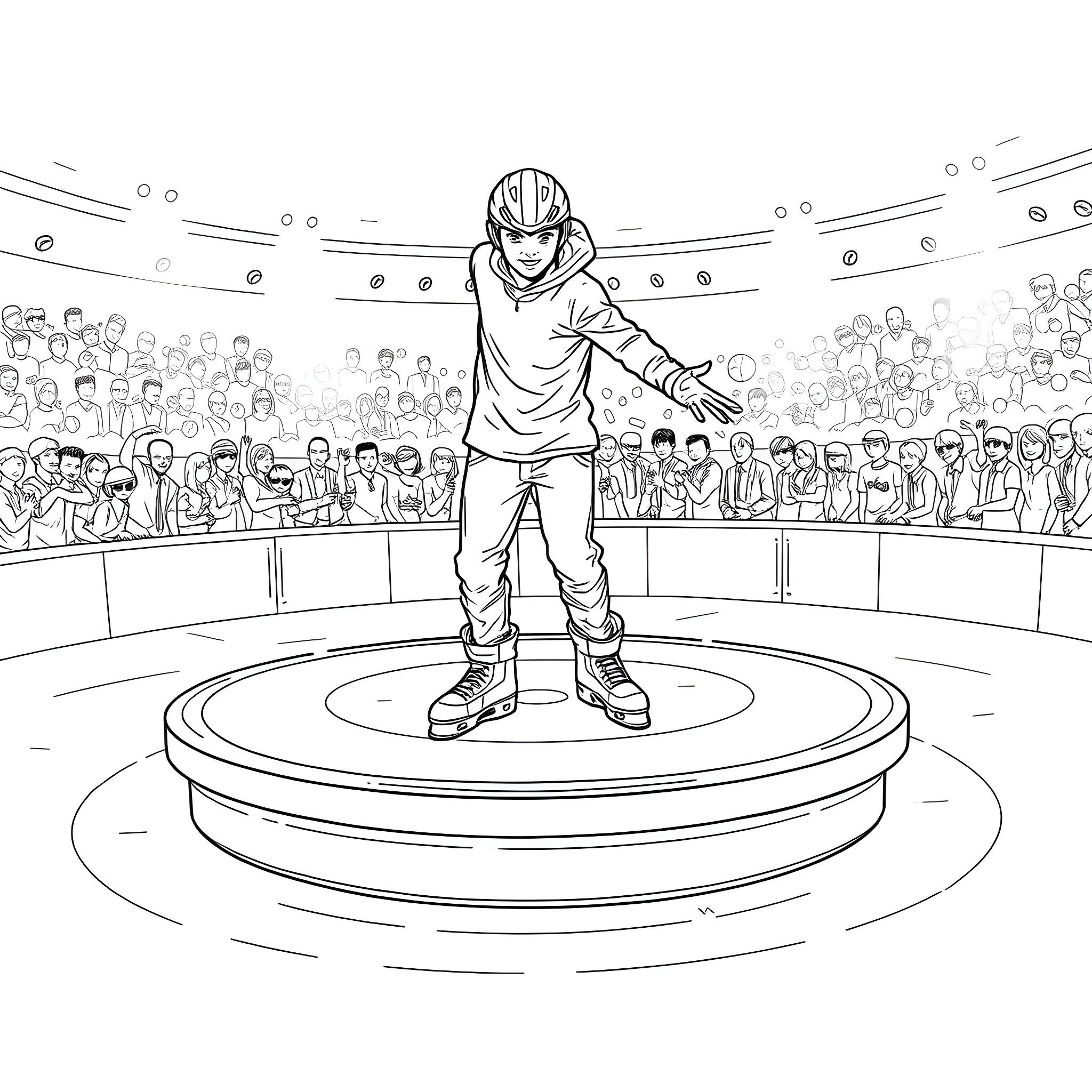 Blader performing tricks on a competition stage Coloring Page (free black-and-white line drawing printable PDF for all, from beginners to advanced learners, including children, teens, adults, and seniors)