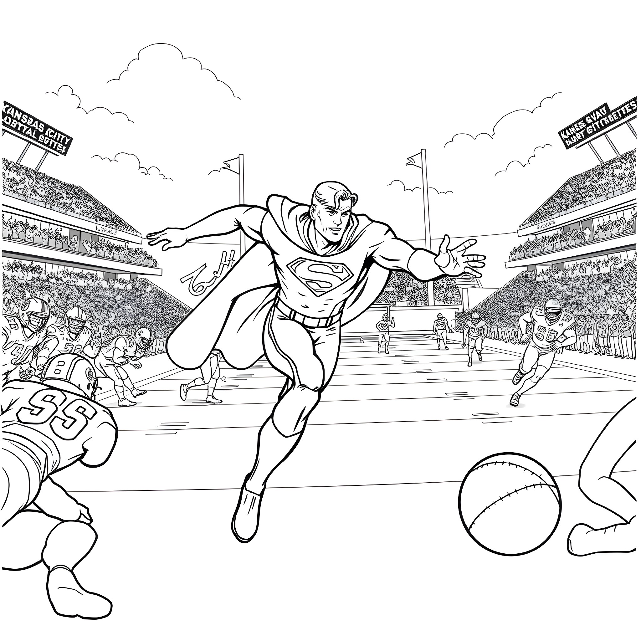 Superman in Action on the Sports Field Coloring Page (free black-and-white line drawing printable PDF for all, from beginners to advanced learners, including children, teens, adults, and seniors)