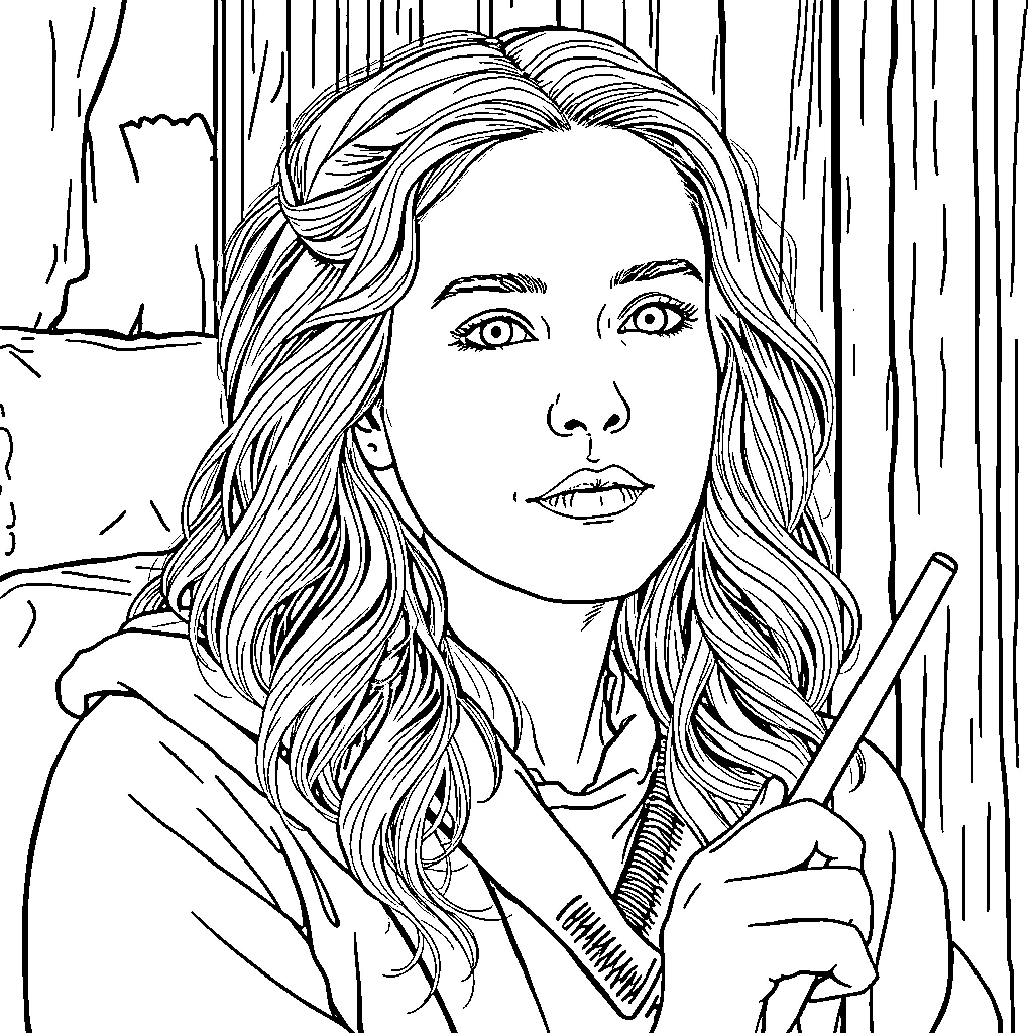 Hermione pondering with wand in hand Coloring Page (free black-and-white line drawing printable PDF for all, from beginners to advanced learners, including children, teens, adults, and seniors)