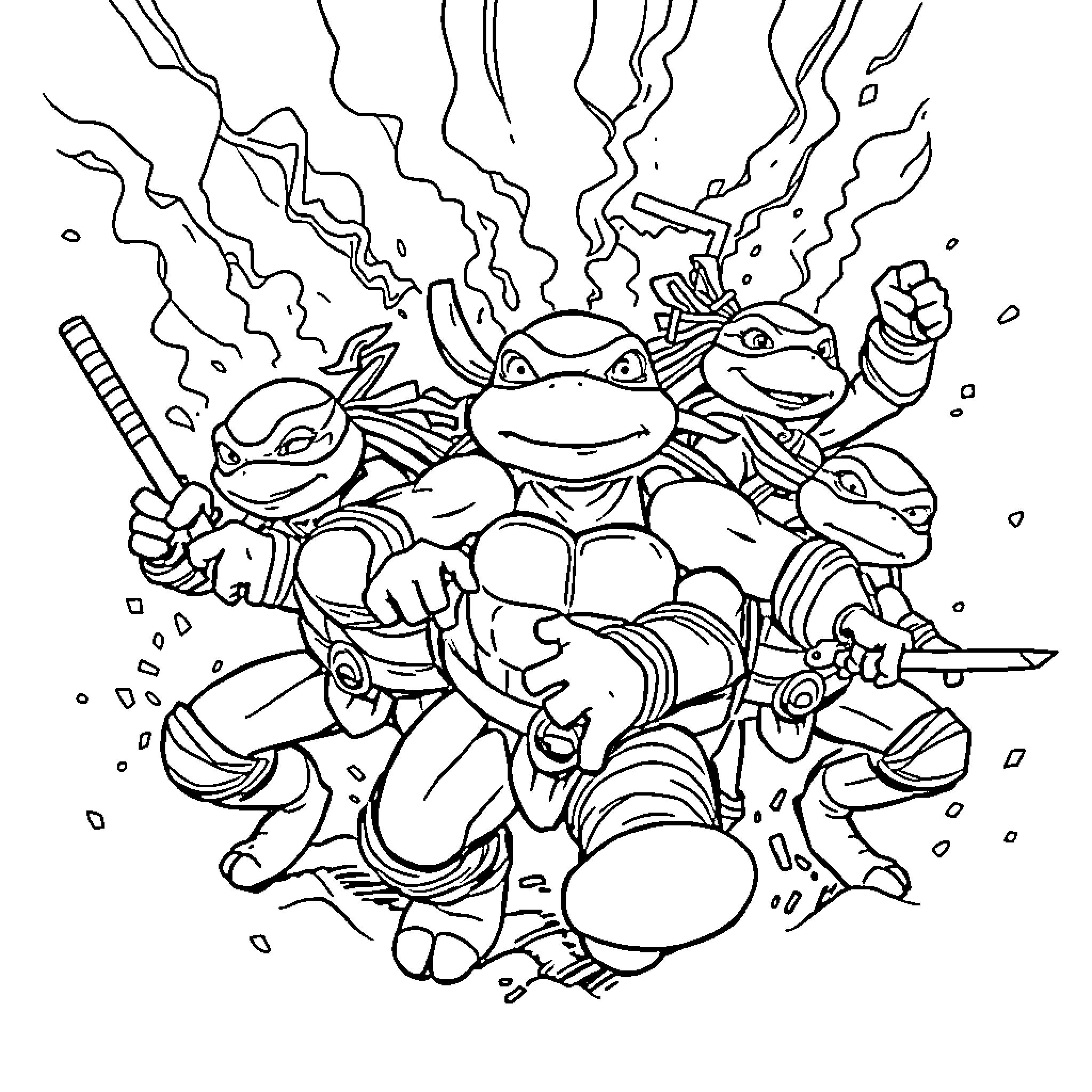 Teenage Mutant Ninja Turtles in action-packed battle Coloring Page (free black-and-white line drawing printable PDF for all, from beginners to advanced learners, including children, teens, adults, and seniors)