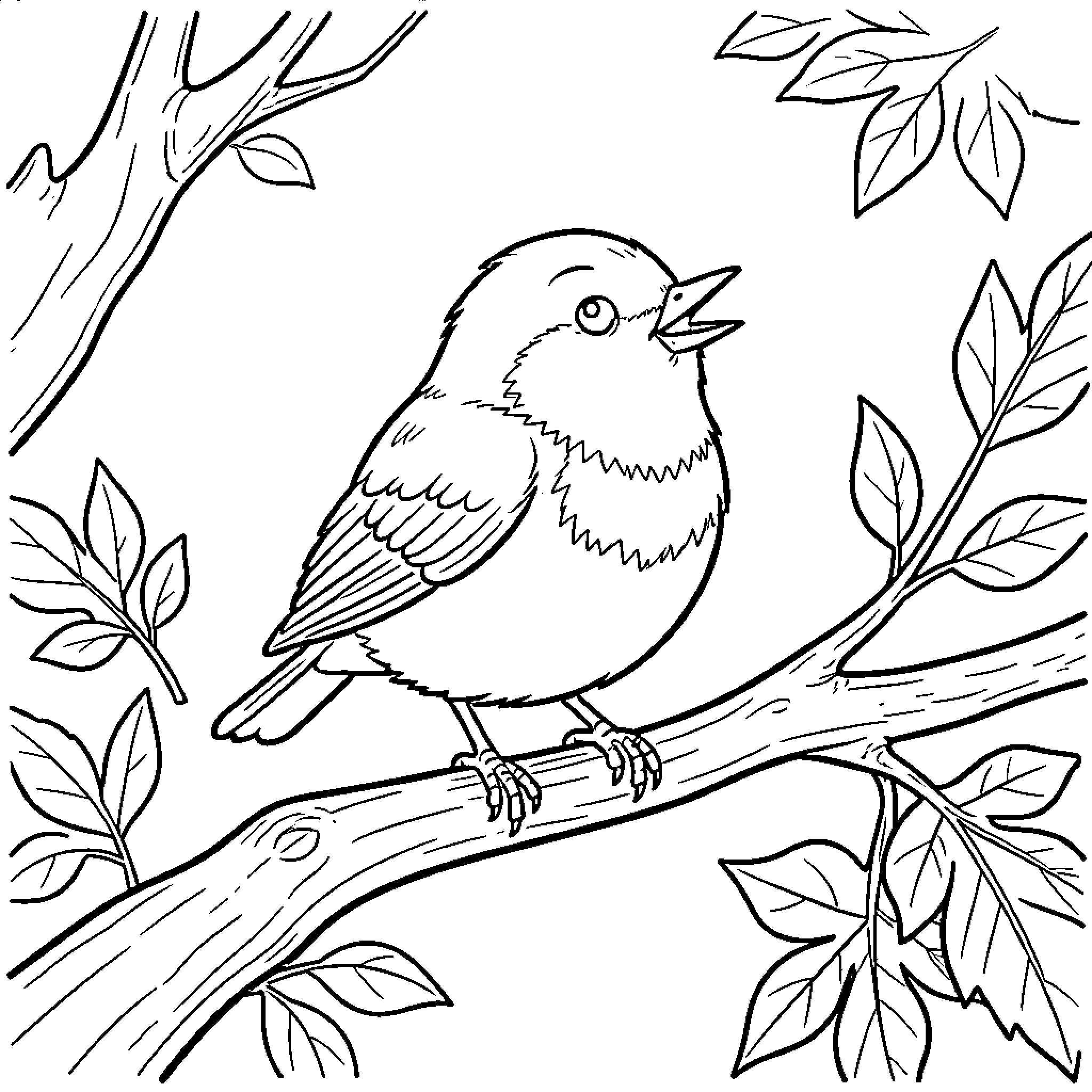 Bird perched on branch with leaves Coloring Page (free black-and-white line drawing printable PDF for all, from beginners to advanced learners, including children, teens, adults, and seniors)