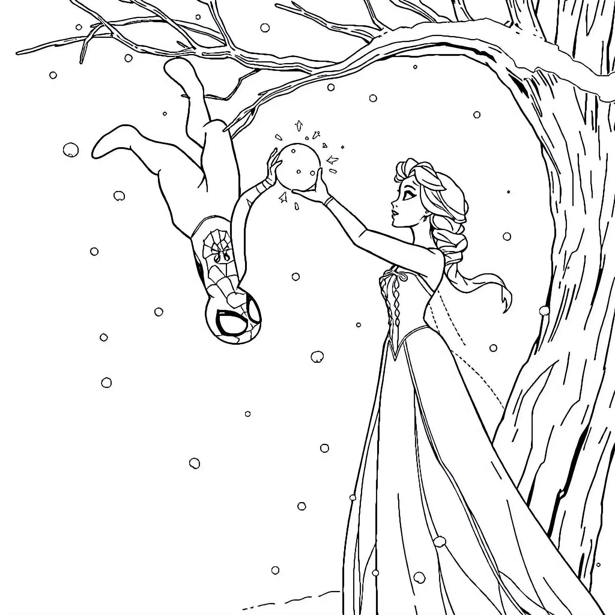 Elsa's Enchanting Winter Adventure Coloring Page (free black-and-white line drawing printable PDF for all, from beginners to advanced learners, including children, teens, adults, and seniors)