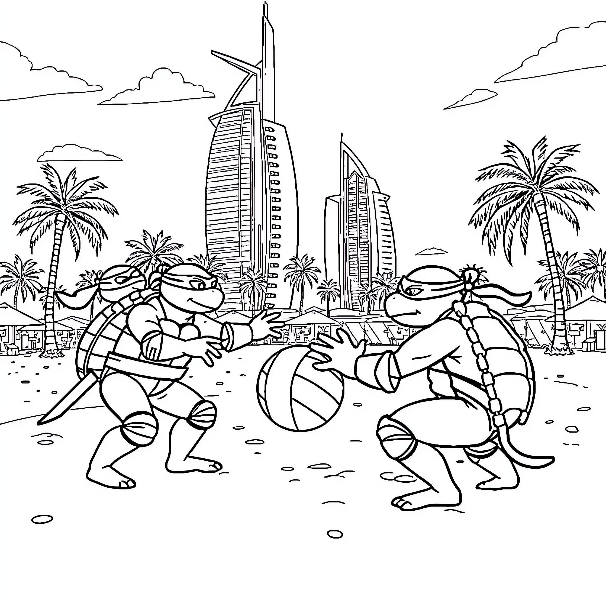 Ninja Turtles playing beach volleyball in Dubai Coloring Page (free black-and-white line drawing printable PDF for all, from beginners to advanced learners, including children, teens, adults, and seniors)