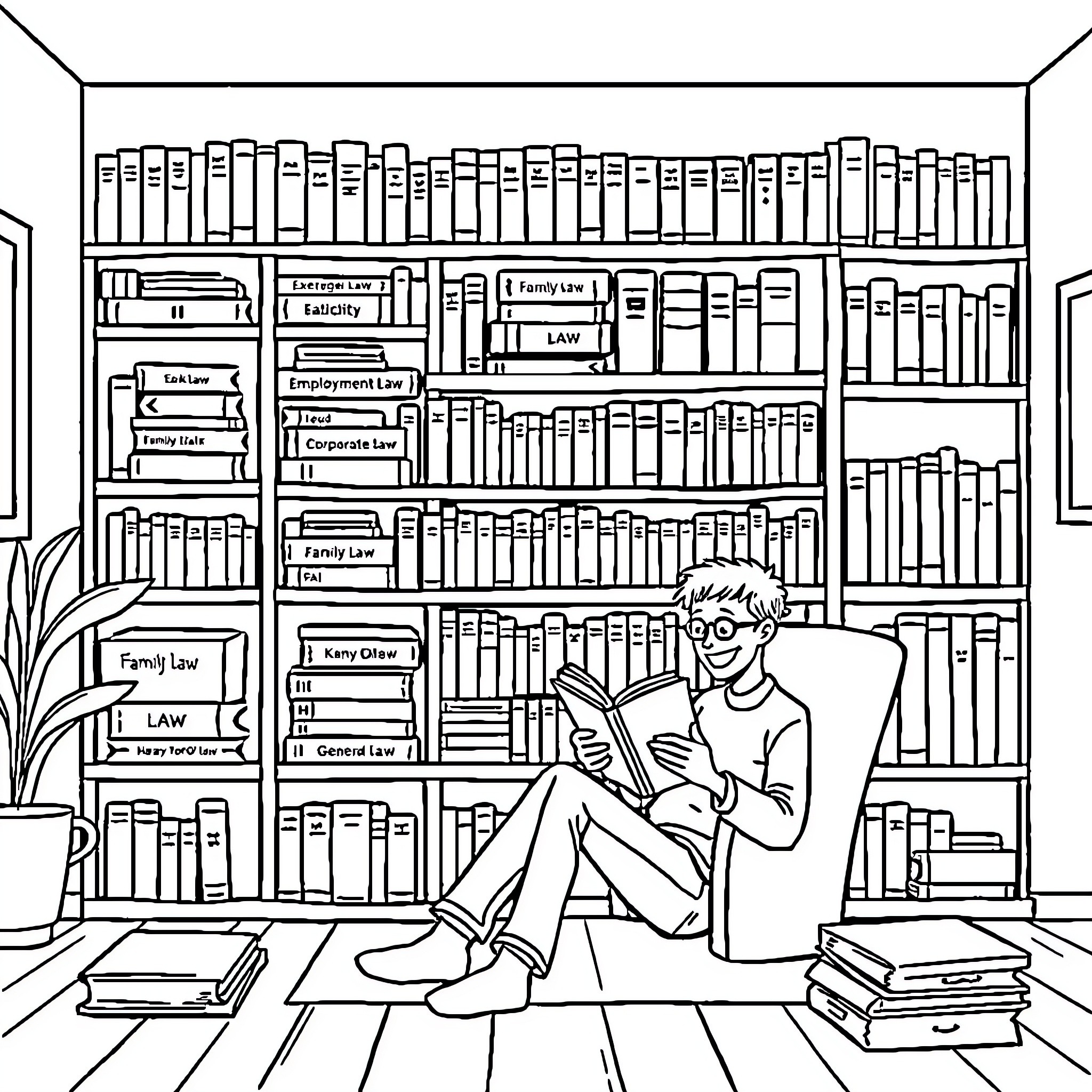 Book Lover Reading in Law Library Coloring Page (free black-and-white line drawing printable PDF for all, from beginners to advanced learners, including children, teens, adults, and seniors)