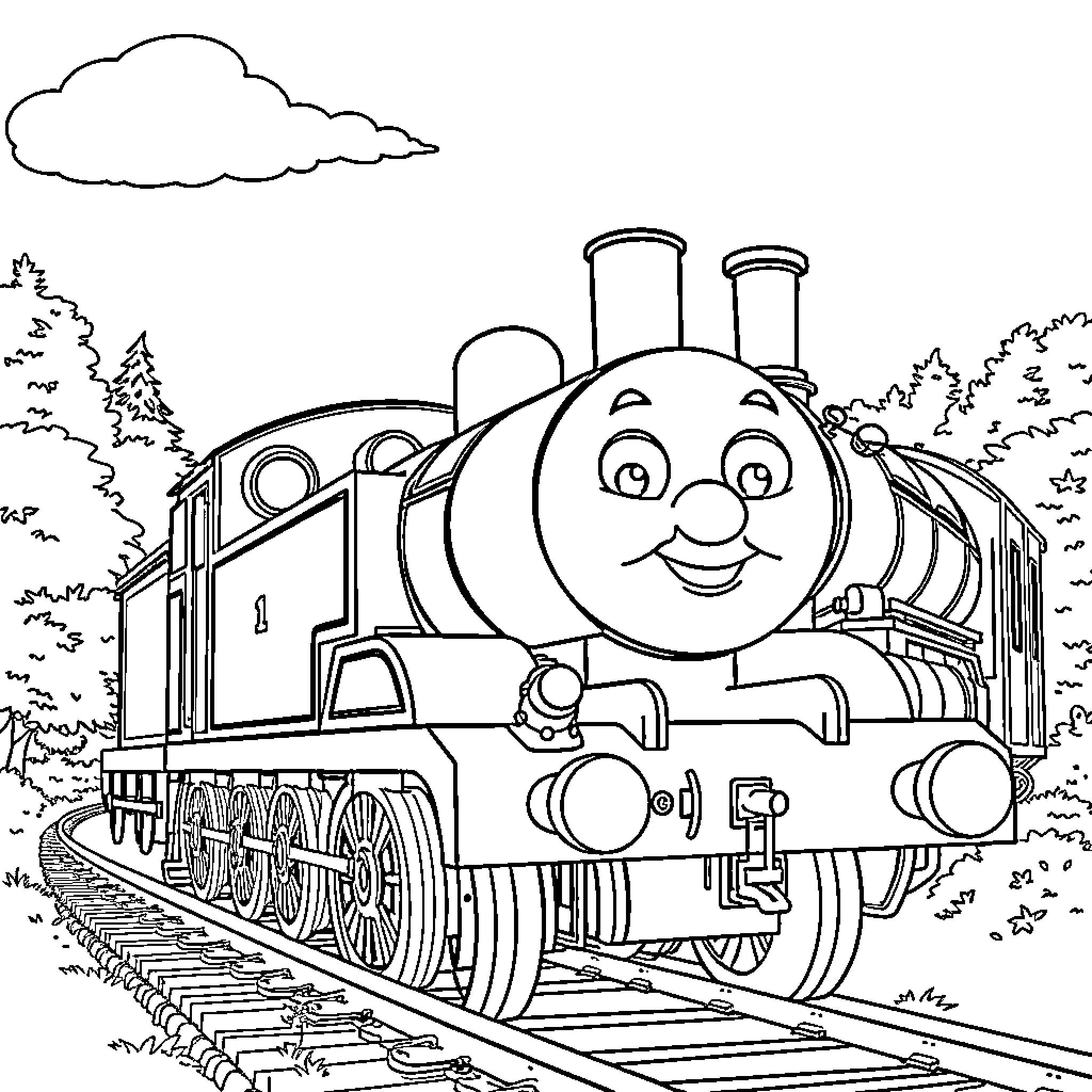 Thomas the Friendly Train Chugging Along the Tracks Coloring Page (free black-and-white line drawing printable PDF for all, from beginners to advanced learners, including children, teens, adults, and seniors)