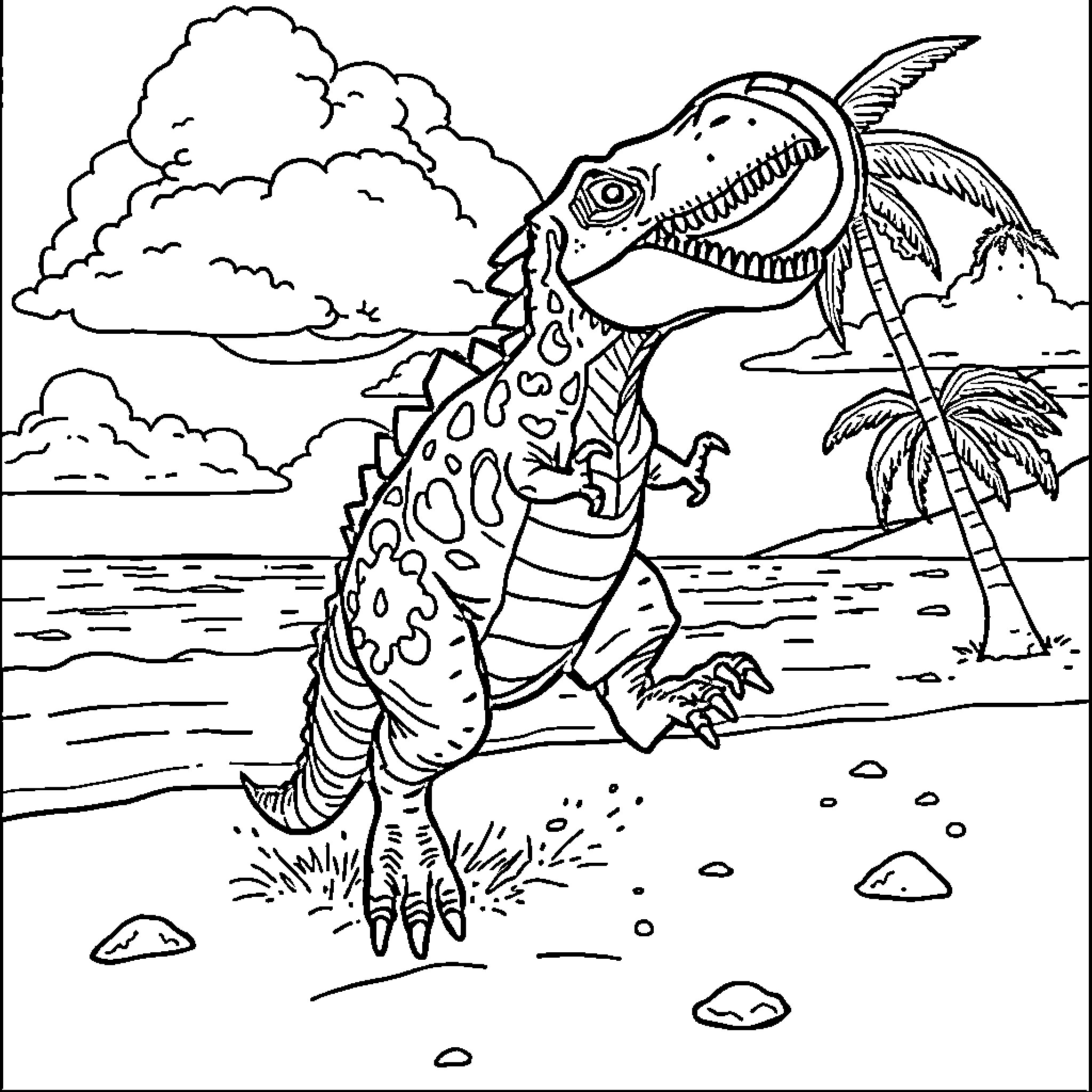 Dinosaur roaring on a tropical beach Coloring Page (free black-and-white line drawing printable PDF for all, from beginners to advanced learners, including children, teens, adults, and seniors)