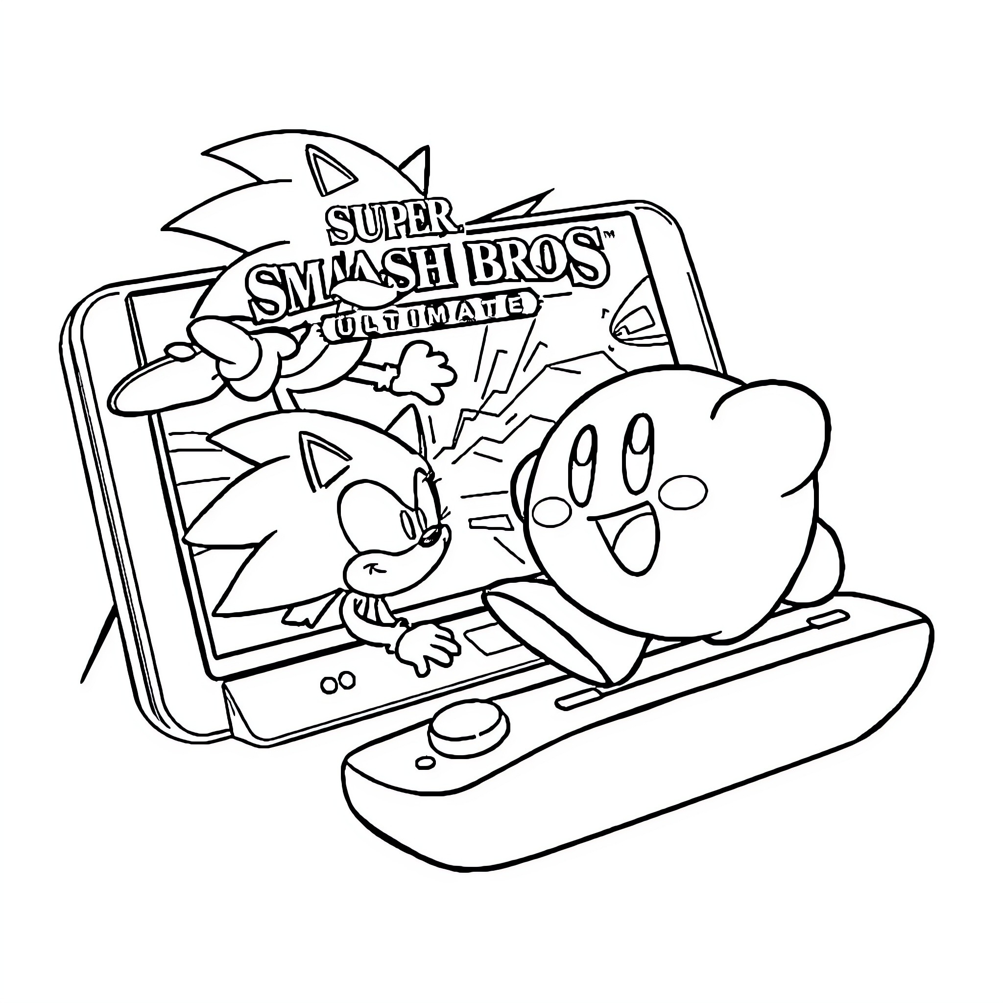 Kirby playing Super Smash Bros. video game Coloring Page (free black-and-white line drawing printable PDF for all, from beginners to advanced learners, including children, teens, adults, and seniors)