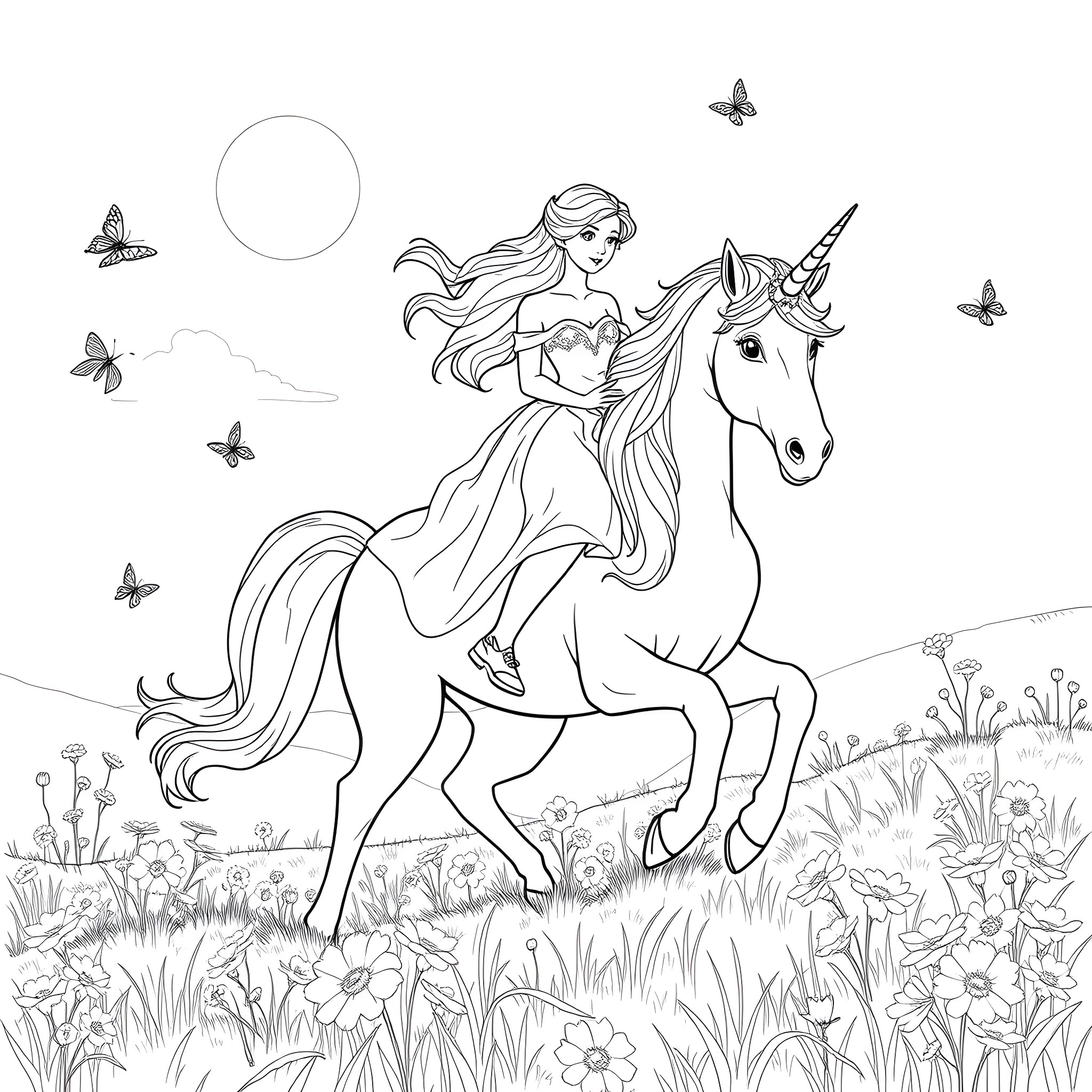 Princess riding magical unicorn through enchanted meadow Coloring Page (free black-and-white line drawing printable PDF for all, from beginners to advanced learners, including children, teens, adults, and seniors)