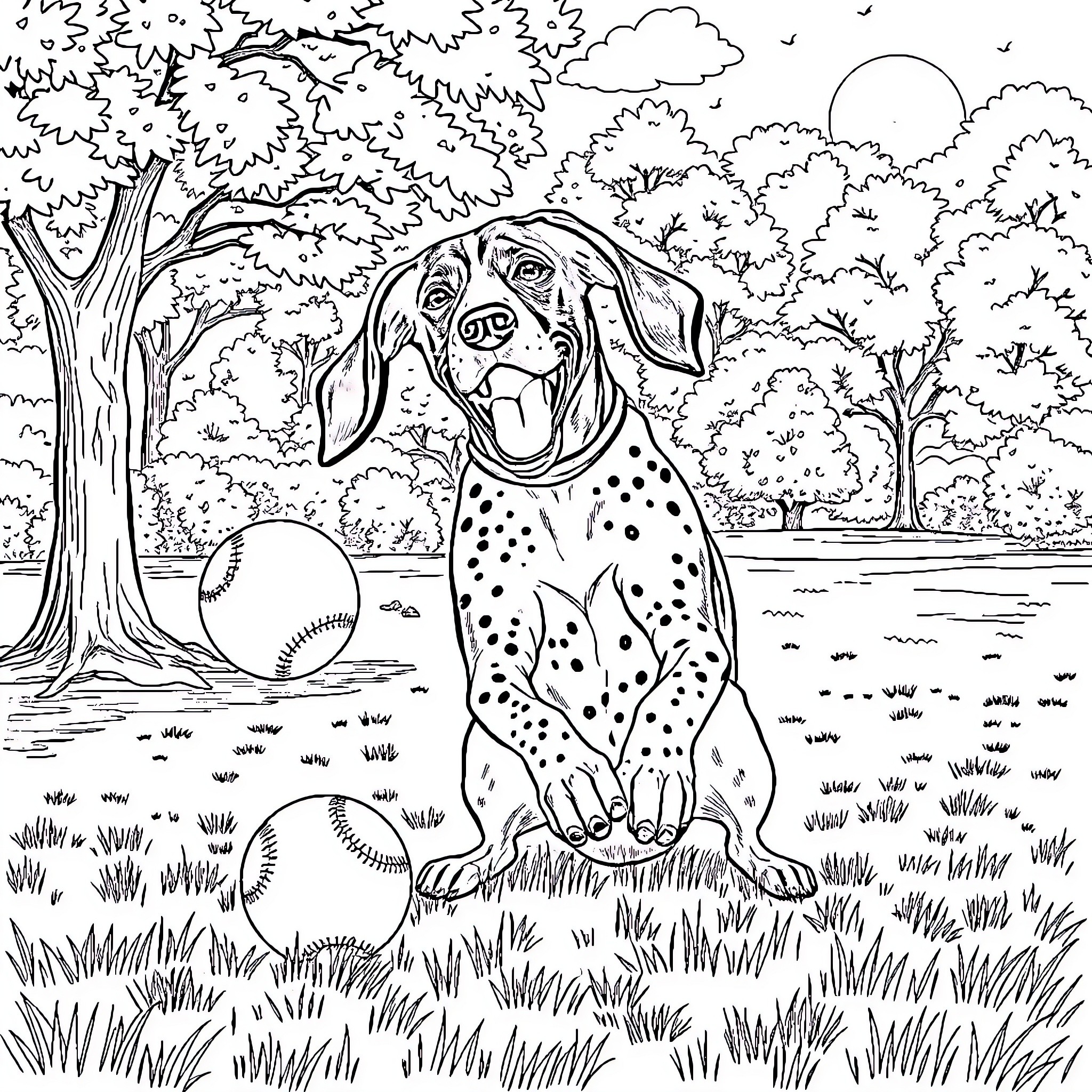 German Shorthair Pointer playing with balls in the park Coloring Page (free black-and-white line drawing printable PDF for all, from beginners to advanced learners, including children, teens, adults, and seniors)
