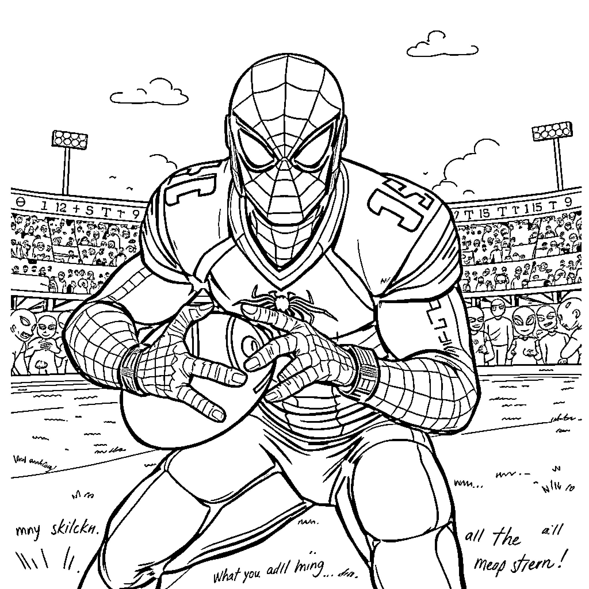 Spiderman in Action at the Stadium Coloring Page (free black-and-white line drawing printable PDF for all, from beginners to advanced learners, including children, teens, adults, and seniors)