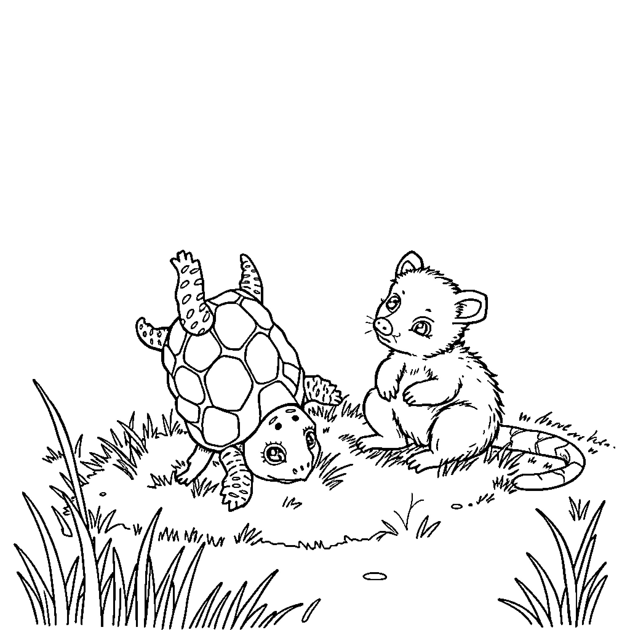 Turtle and Furry Animal Playing in Nature Coloring Page (free black-and-white line drawing printable PDF for all, from beginners to advanced learners, including children, teens, adults, and seniors)
