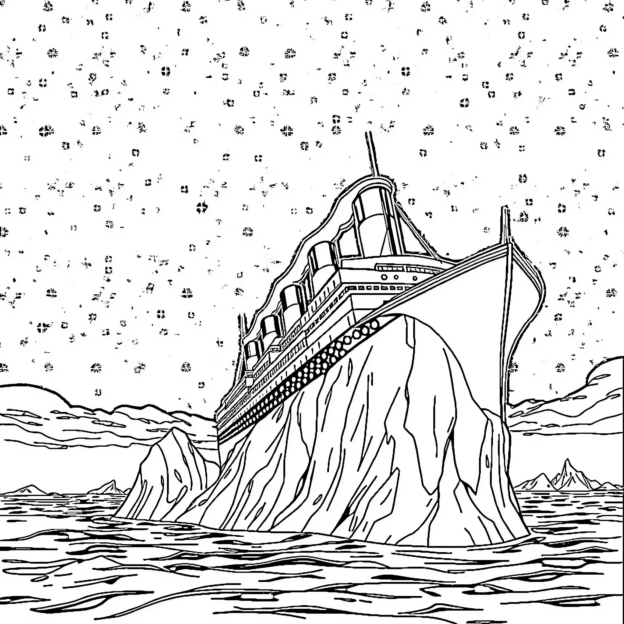 Titanic sinking in the icy waters Coloring Page (free black-and-white line drawing printable PDF for all, from beginners to advanced learners, including children, teens, adults, and seniors)