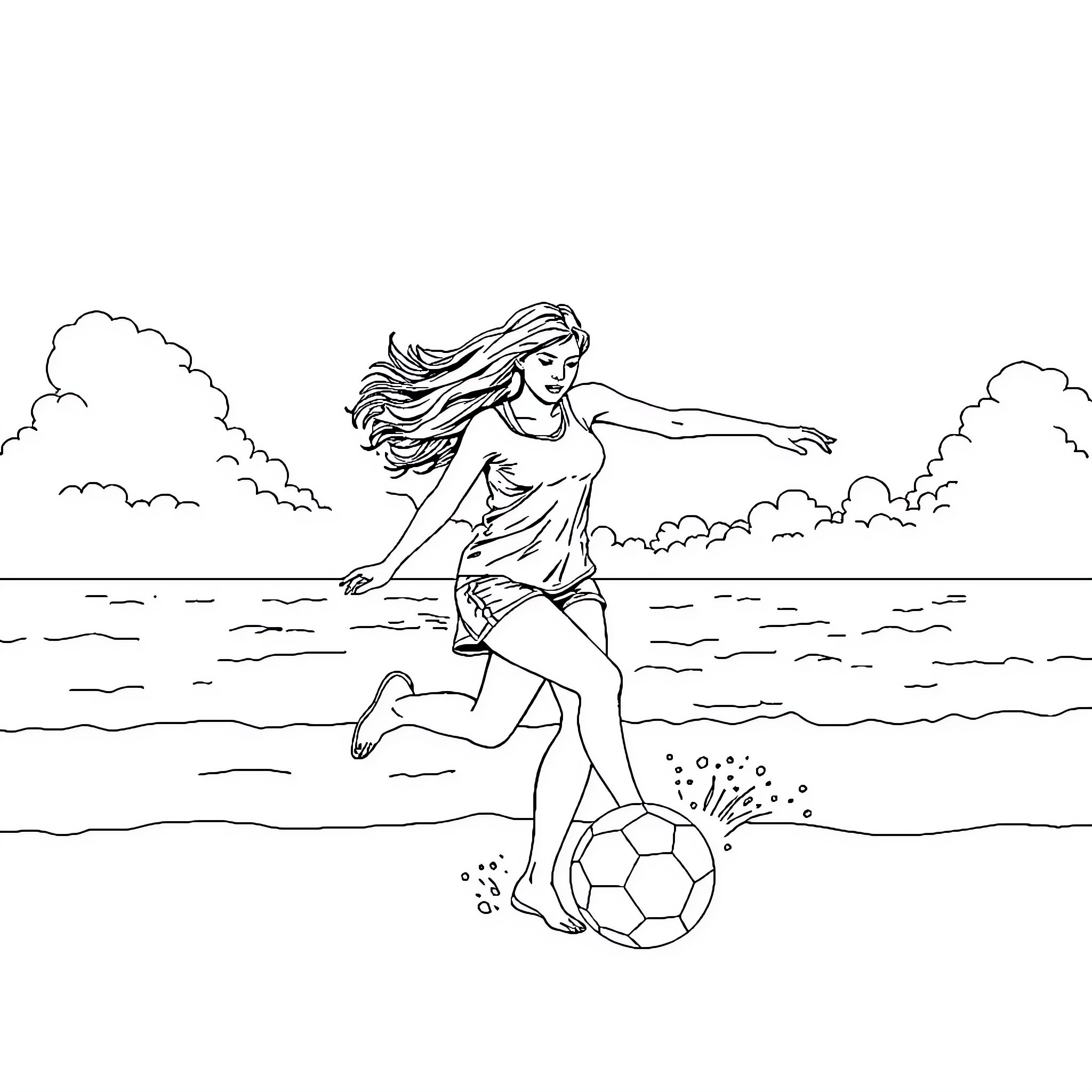 Woman playing with soccer ball on the beach Coloring Page (free black-and-white line drawing printable PDF for all, from beginners to advanced learners, including children, teens, adults, and seniors)