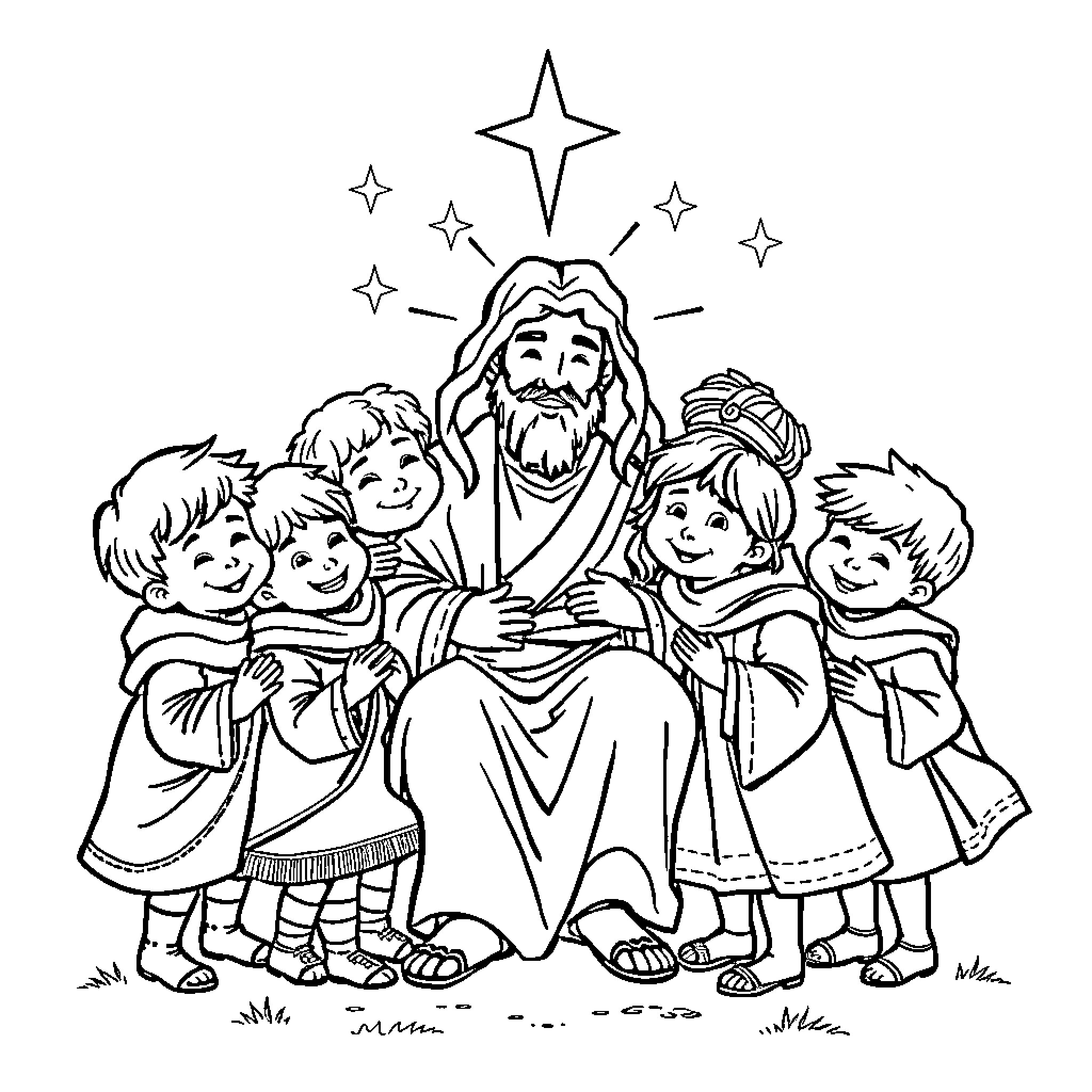 Jesus Embracing Children in a Joyful Scene Coloring Page (free black-and-white line drawing printable PDF for all, from beginners to advanced learners, including children, teens, adults, and seniors)